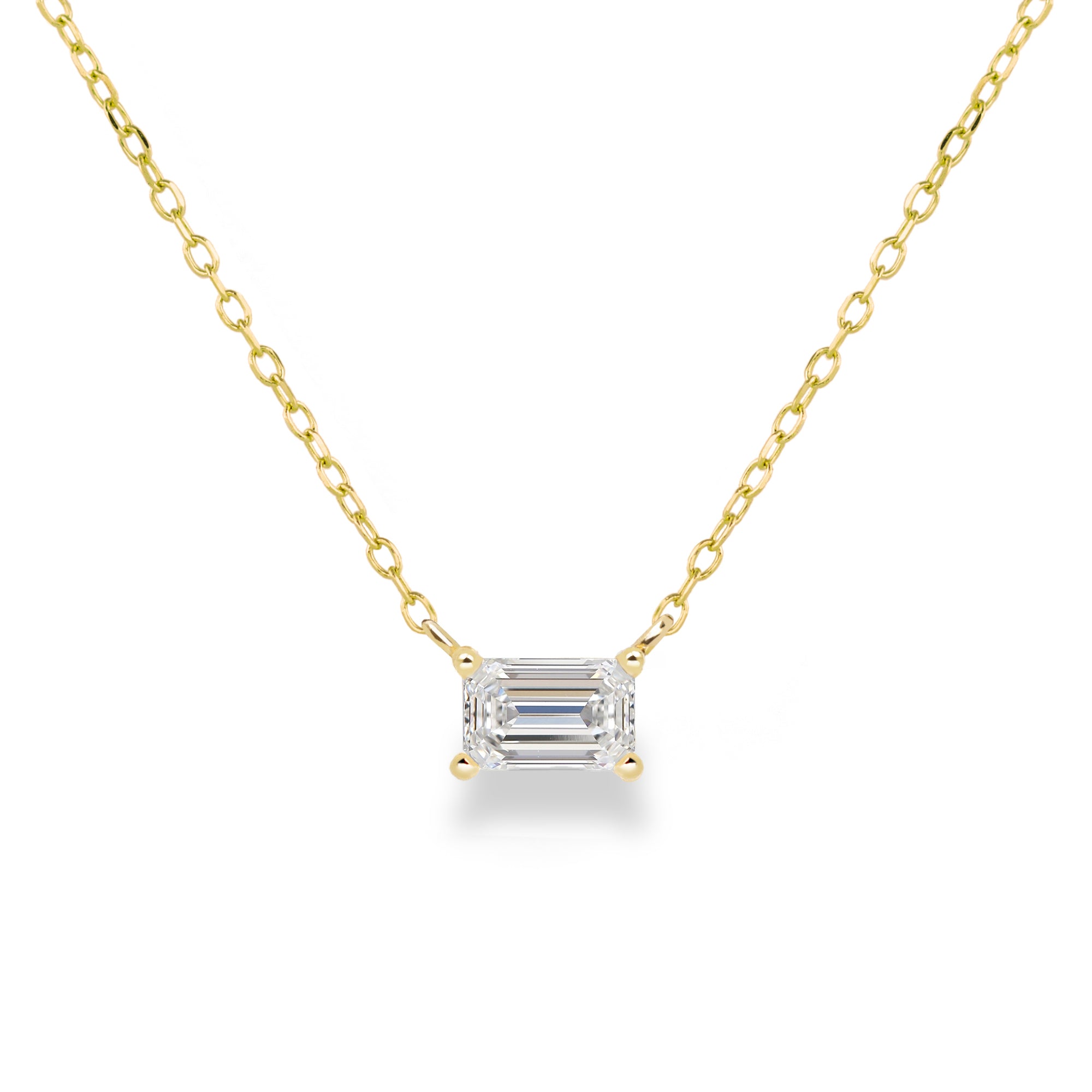 Jamie Park Jewelry Emerald Cut Diamond Solitaire Necklace This Emerald Diamond Solitaire Necklace features a sparkling lab diamond, set in a classic four prong design. With each diamond certified by IGI, this necklace makes for a timeless and cherished gift, perfect for any special occasion. Add a touch of elegance to any outfit with this beautiful piece. Chain length 16-18"&nbsp;