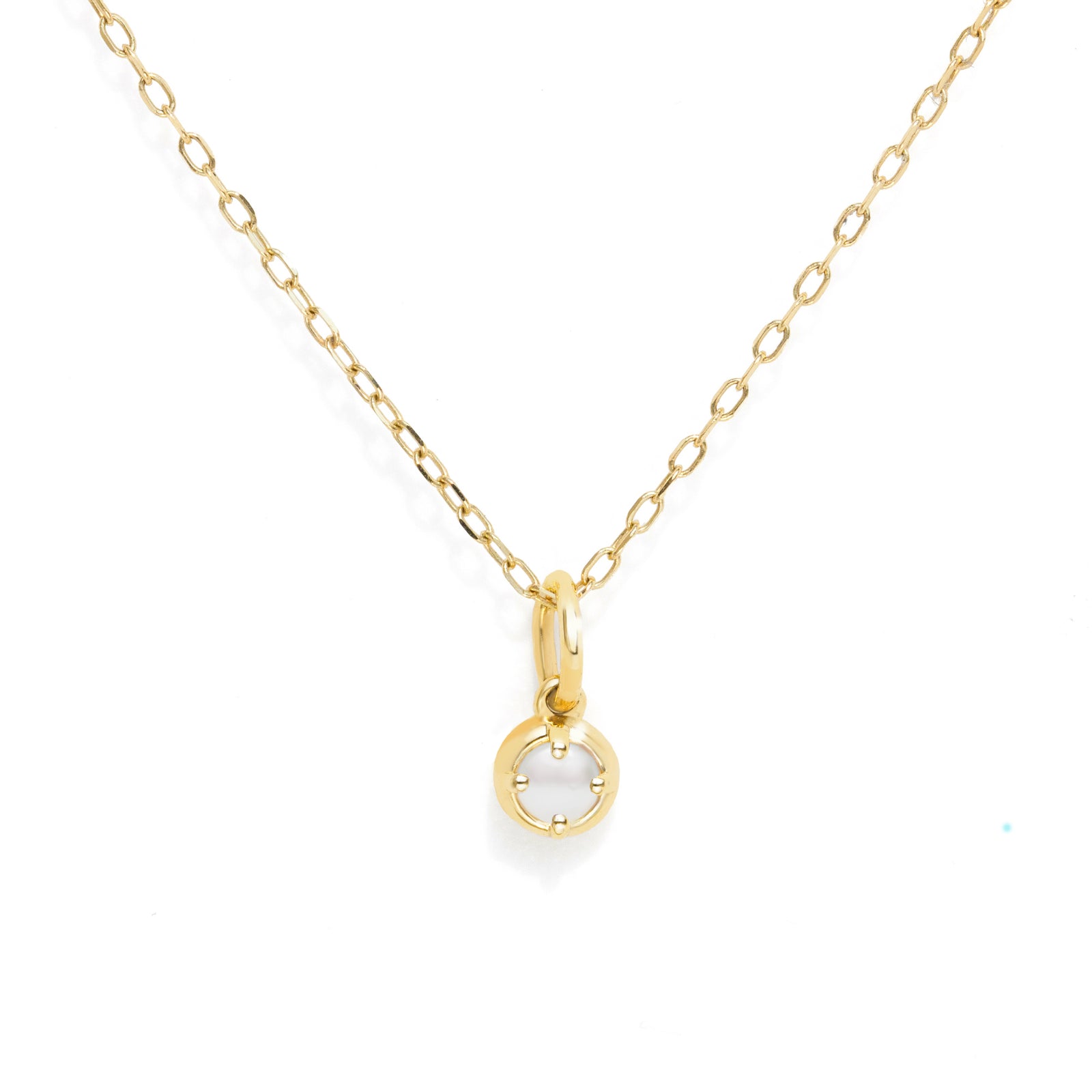 A delicate gold chain necklace with a small circular pendant featuring a white pearl, displayed on a clean white background.