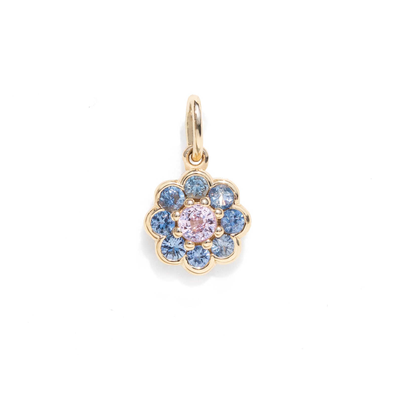 Pink and blue natural sapphire floral charm necklace pendant in gold.
