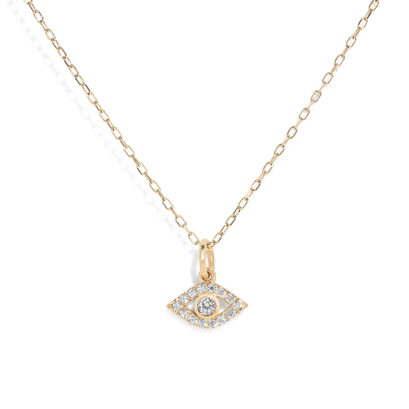 Gold necklace with an diamond accented evil eye pendant on a white background