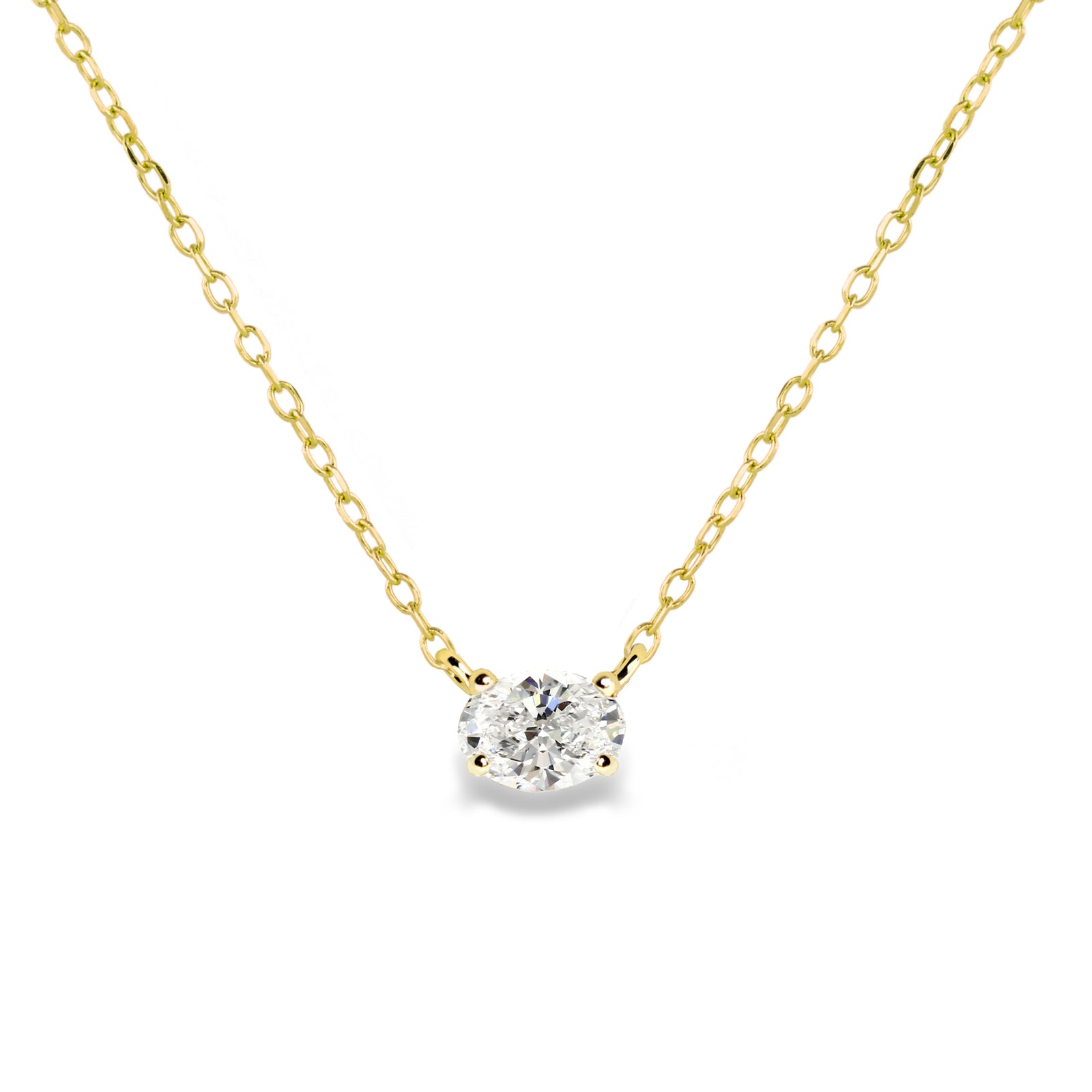 Jamie Park Oval Diamond Solitaire Necklace This Oval Diamond Solitaire Necklace features a sparkling lab diamond, set in a classic four prong design. With each diamond certified by IGI, this necklace makes for a timeless and cherished gift, perfect for any special occasion. Add a touch of elegance to any outfit with this beautiful piece. Chain length 16-18" 