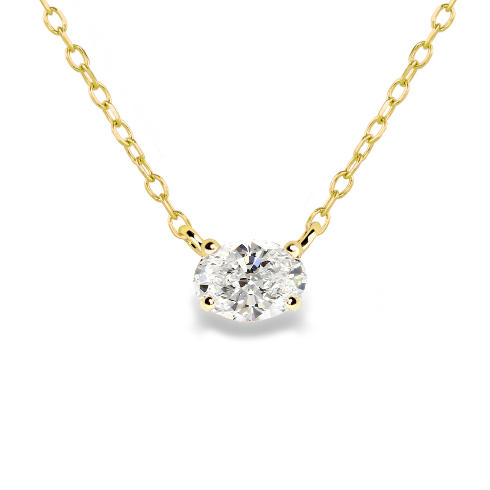 Jamie Park Oval Diamond Solitaire Necklace This Oval Diamond Solitaire Necklace features a sparkling lab diamond, set in a classic four prong design. With each diamond certified by IGI, this necklace makes for a timeless and cherished gift, perfect for any special occasion. Add a touch of elegance to any outfit with this beautiful piece. Chain length 16-18"&nbsp;