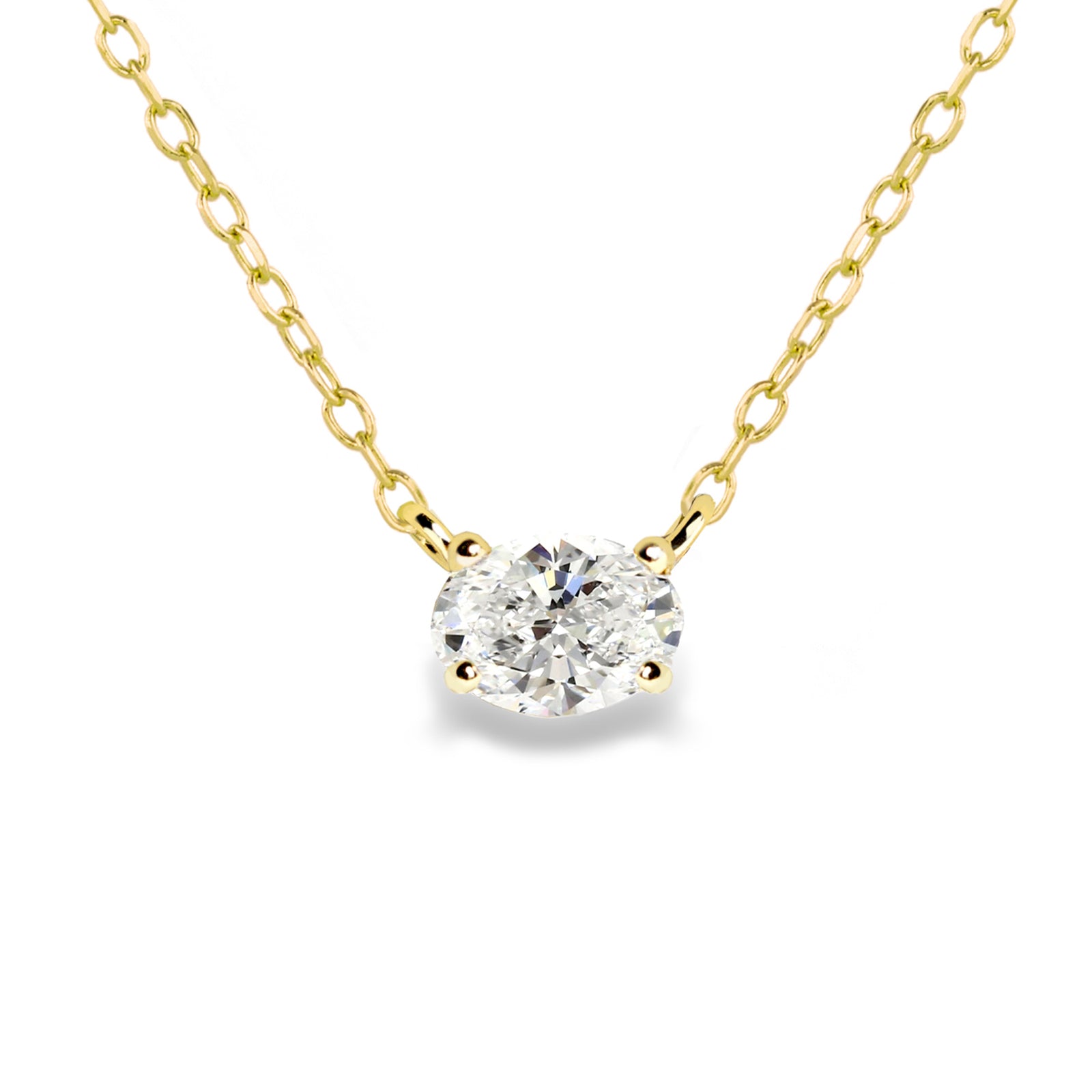 Jamie Park Oval Diamond Solitaire Necklace This Oval Diamond Solitaire Necklace features a sparkling lab diamond, set in a classic four prong design. With each diamond certified by IGI, this necklace makes for a timeless and cherished gift, perfect for any special occasion. Add a touch of elegance to any outfit with this beautiful piece. Chain length 16-18" 