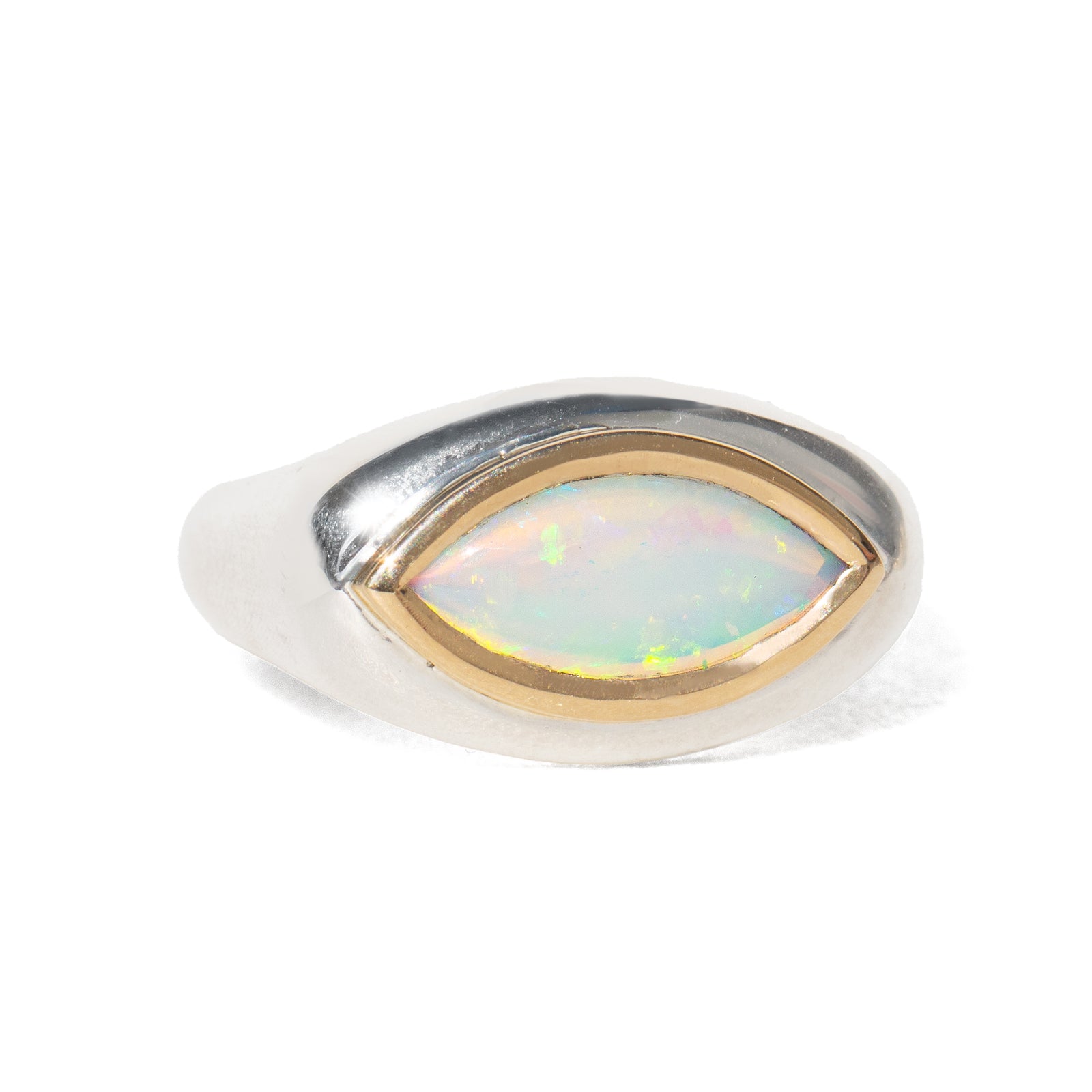 Ring with a marquise-shaped opal stone on a white background