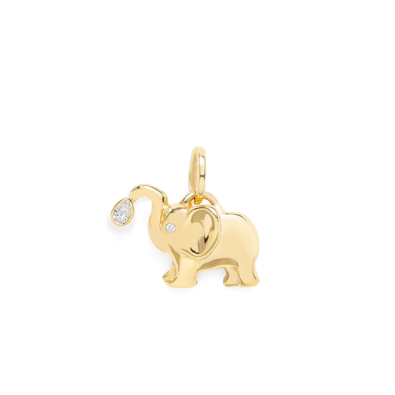 A polished yellow gold elephant charm pendant featuring a small diamond accent on its trunk and side, set against a plain white background.