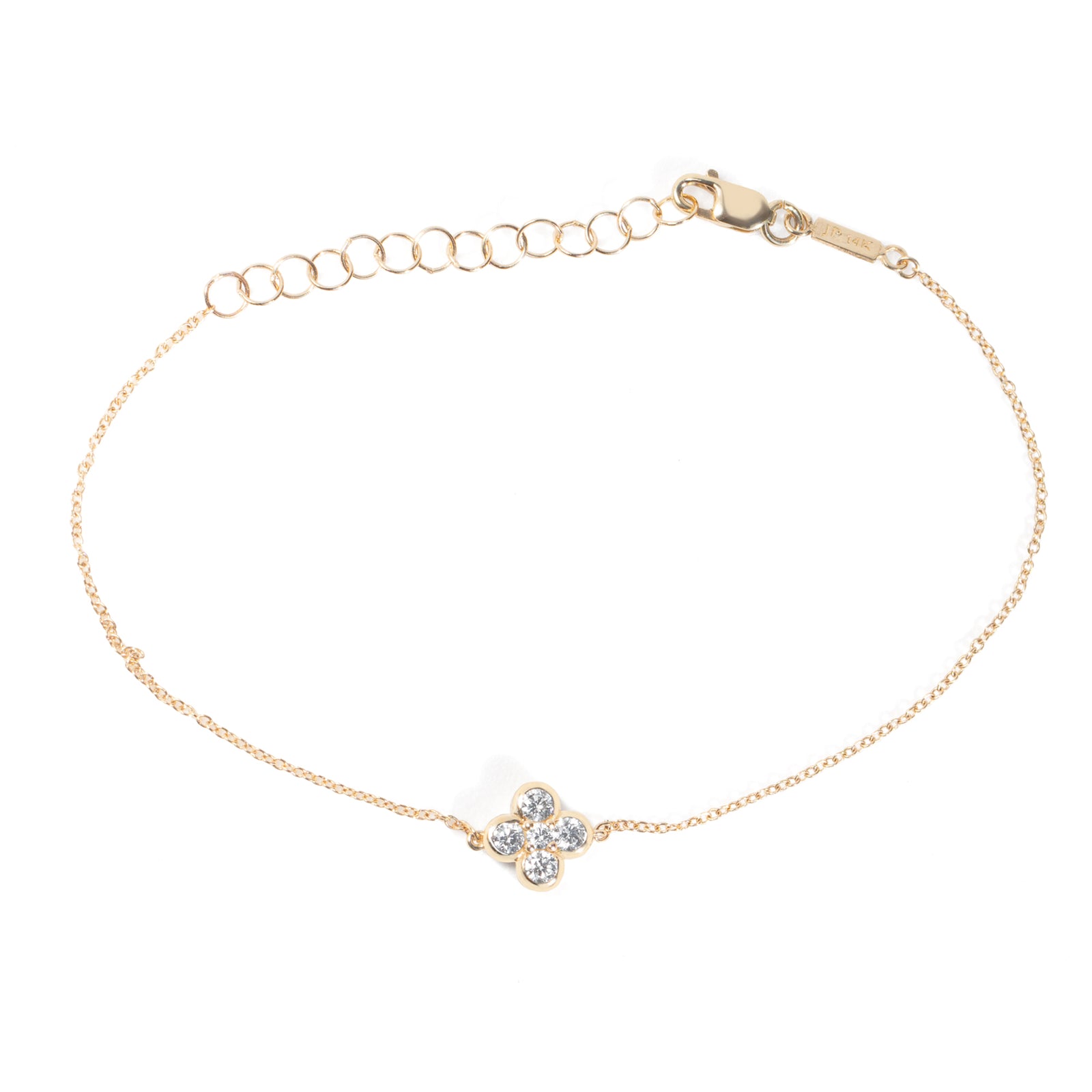 Gold bracelet with a clover-shaped clasp on a white background