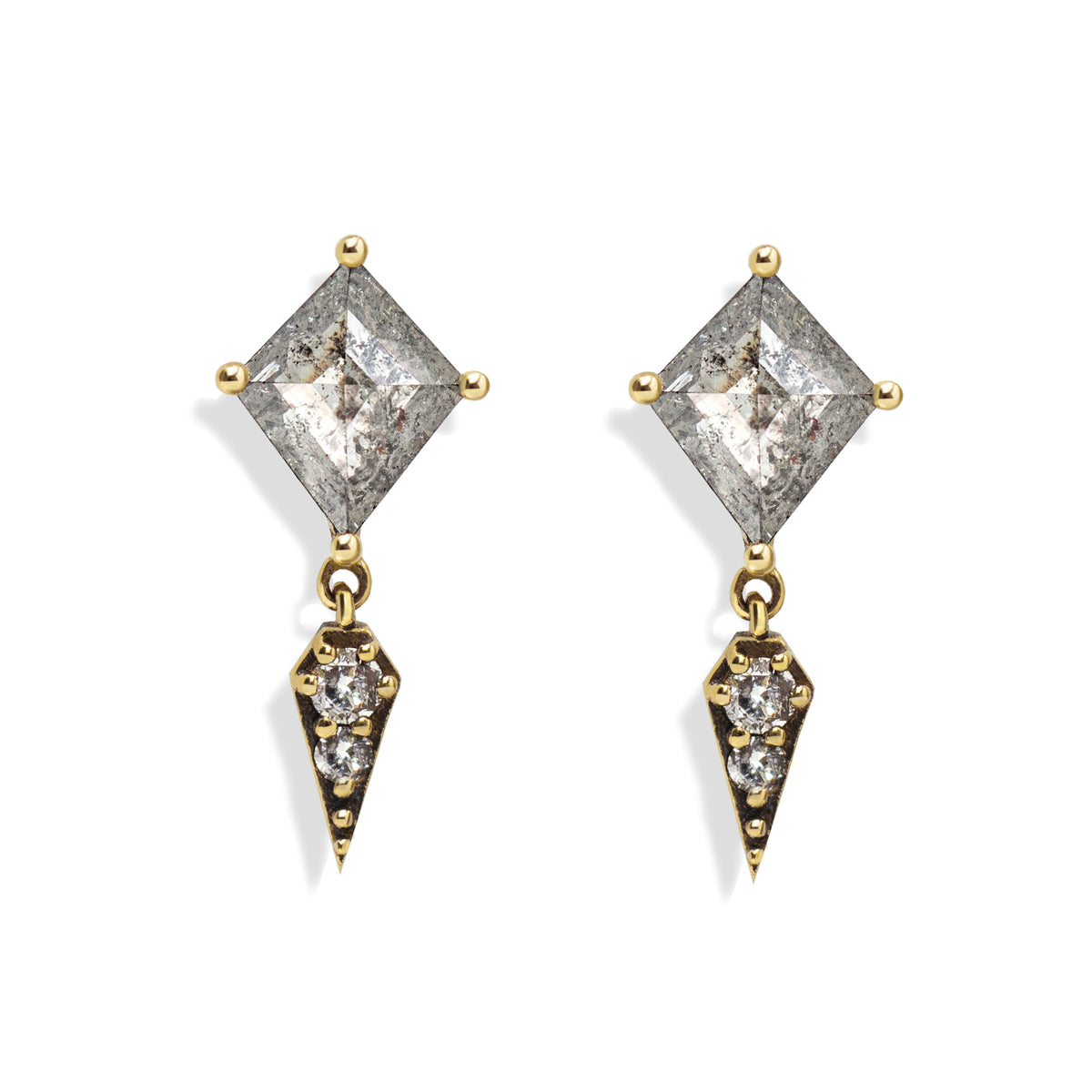 A striking blend of edge and elegance, these earrings feature 1.1 total carats of kite-cut salt and pepper diamonds set in an antique-finished setting. The modern silhouette is elevated by sleek kite-shaped charms, making them the perfect statement earrings for both everyday wear and evenings out. This item is one of a kind.&amp;nbsp;