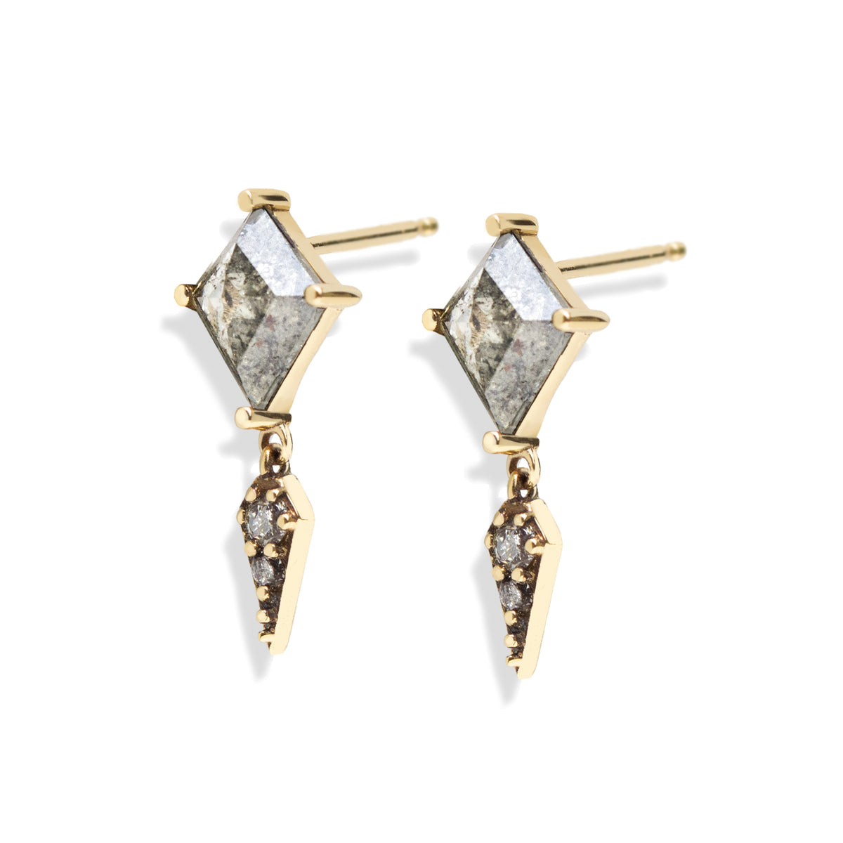A striking blend of edge and elegance, these earrings feature 1.1 total carats of kite-cut salt and pepper diamonds set in an antique-finished setting. The modern silhouette is elevated by sleek kite-shaped charms, making them the perfect statement earrings for both everyday wear and evenings out. This item is one of a kind.&nbsp;