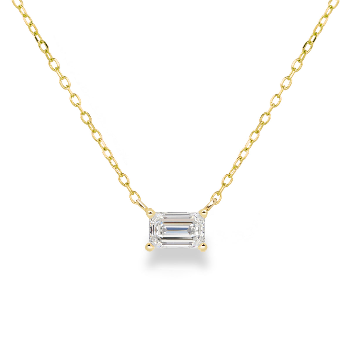 Jamie Park Jewelry Emerald Cut Diamond Solitaire Necklace This Emerald Diamond Solitaire Necklace features a sparkling lab diamond, set in a classic four prong design. With each diamond certified by IGI, this necklace makes for a timeless and cherished gift, perfect for any special occasion. Add a touch of elegance to any outfit with this beautiful piece. Chain length 16-18"&nbsp;
