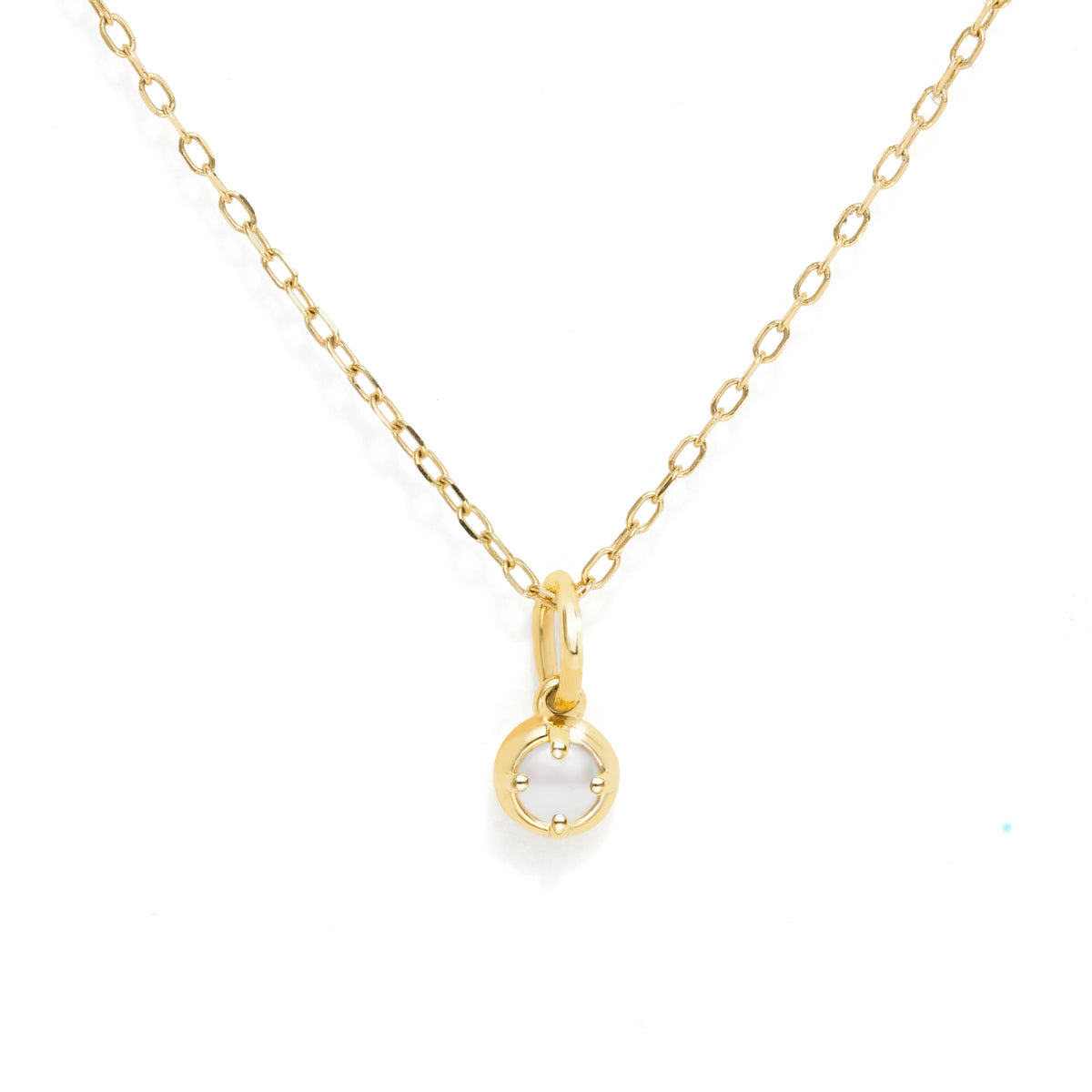A delicate gold chain necklace with a small circular pendant featuring a white pearl, displayed on a clean white background.