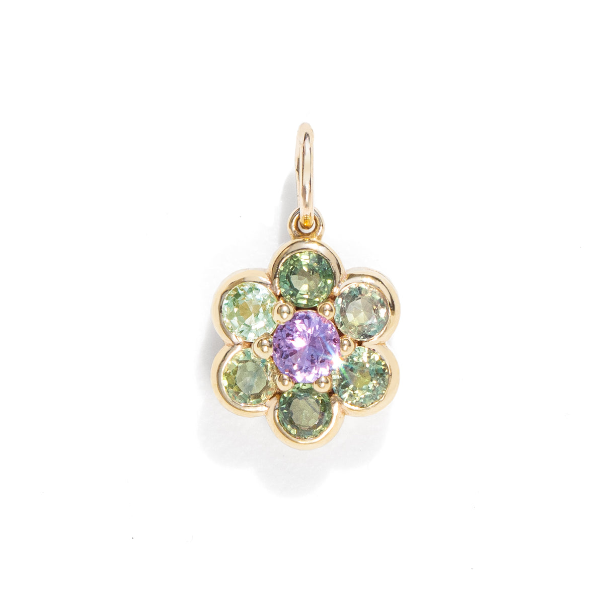Green and purple natural sapphire floral charm necklace pendant in gold.