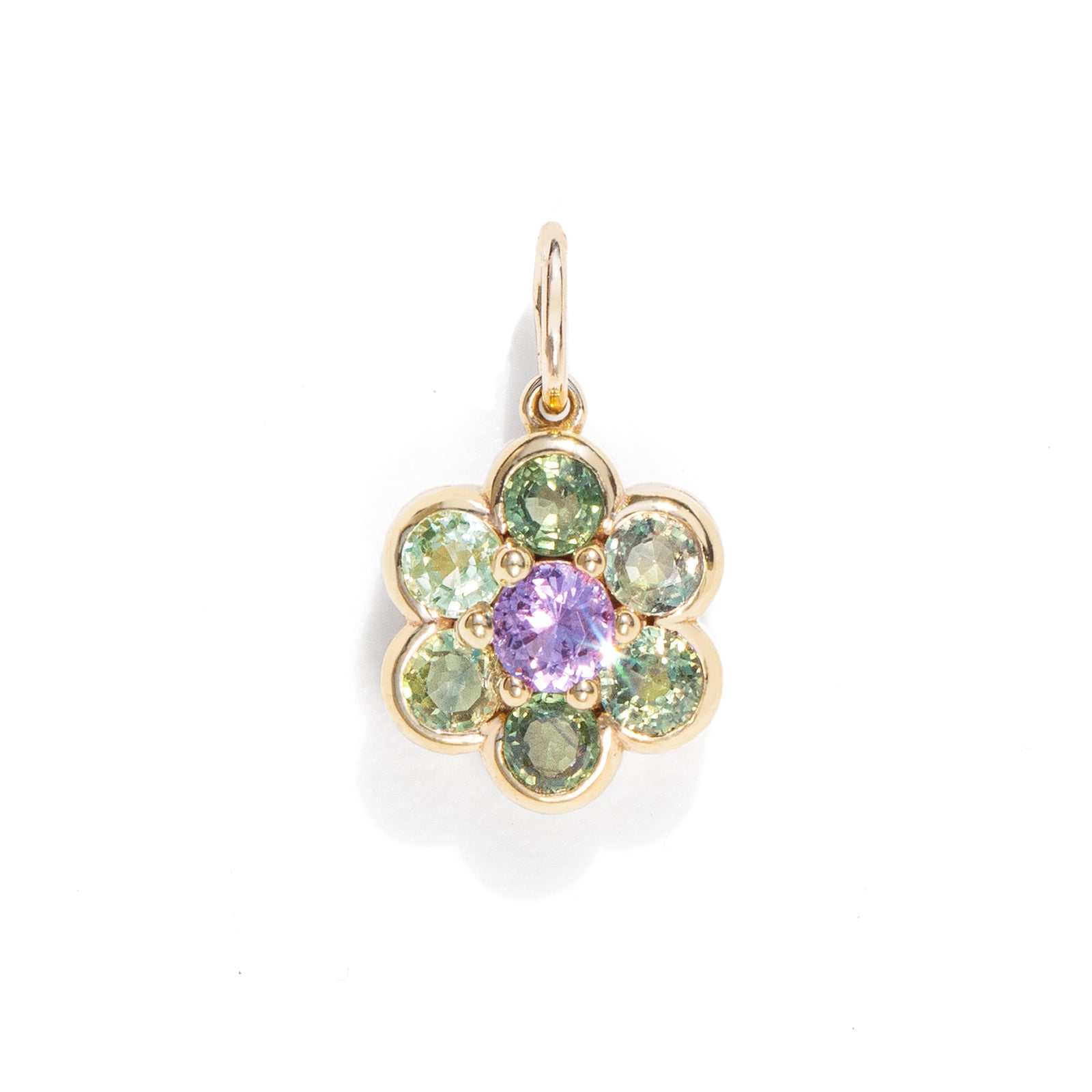 Green and purple natural sapphire floral charm necklace pendant in gold.