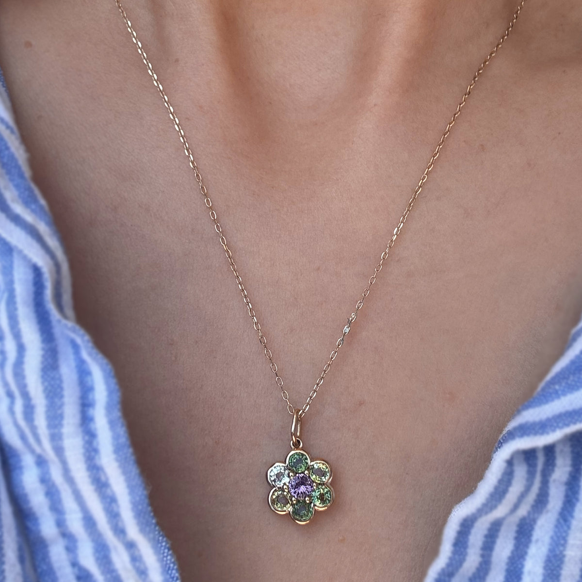 A gemstone necklace worn on a woman