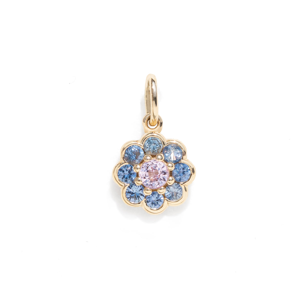 Pink and blue natural sapphire floral charm necklace pendant in gold.