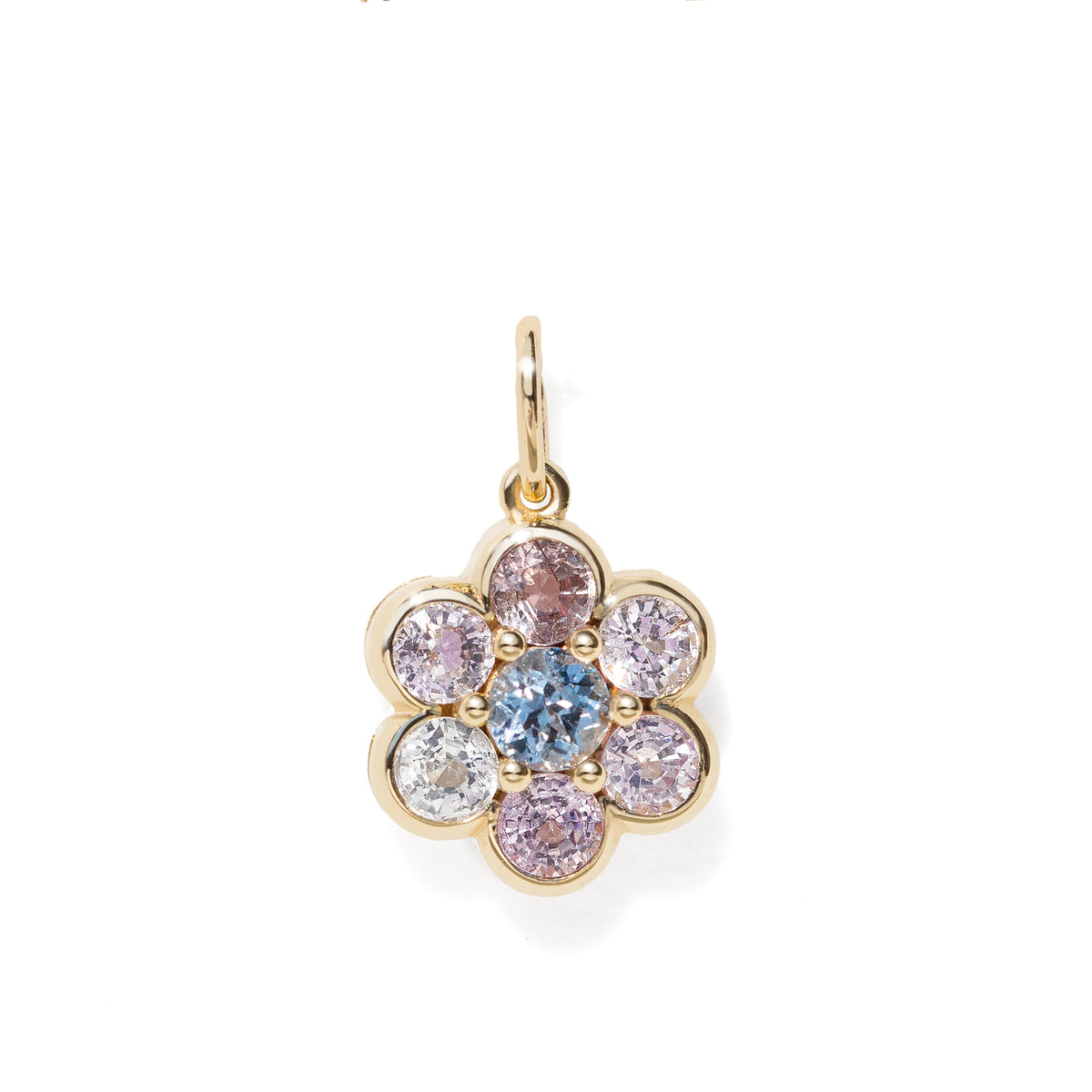 A gold flower-shaped pendant charm featuring a central light blue round gemstone surrounded by six surrounding clear and lavender-purple round gemstones, set against a plain white background.