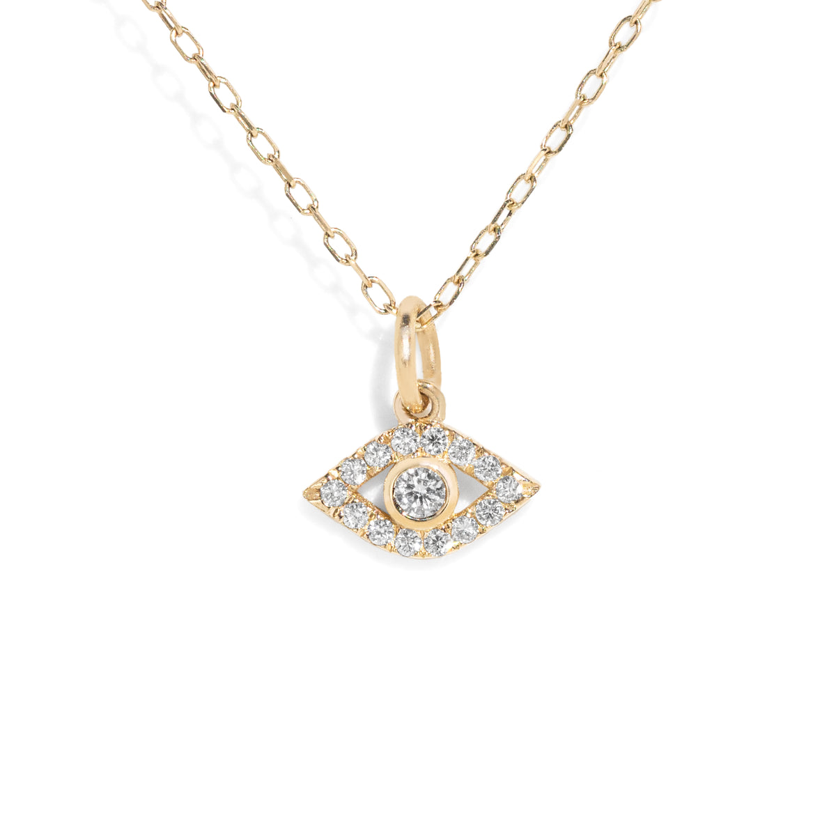 Gold necklace with an diamond accented evil eye pendant on a white background