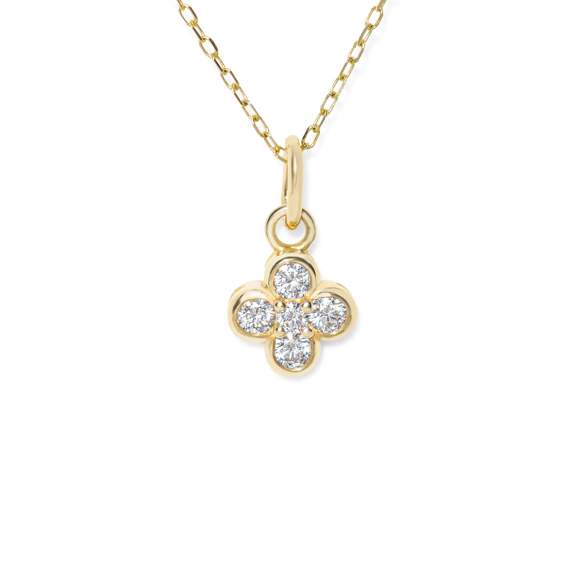 Gold necklace with a diamond-flower pendant on a white background