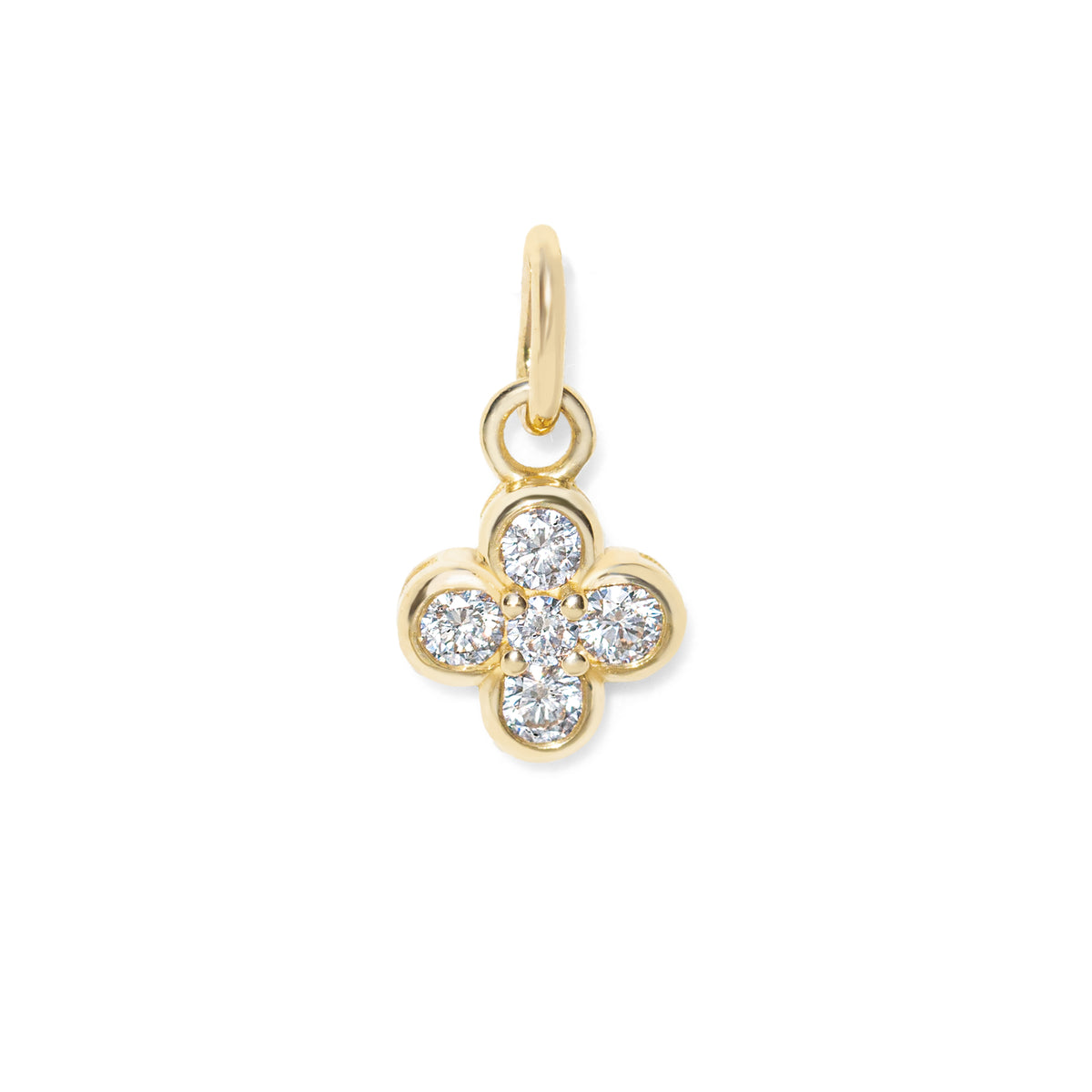 Gold four-leaf clover pendant with diamonds on a white background