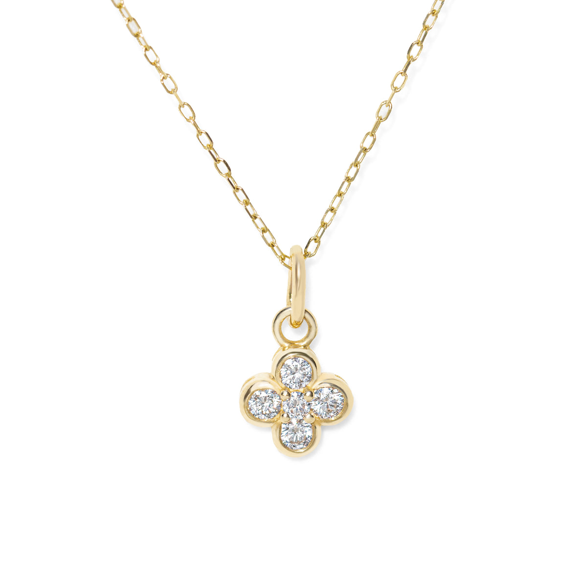 Gold necklace with a diamond-four leaf clover pendant on a white background