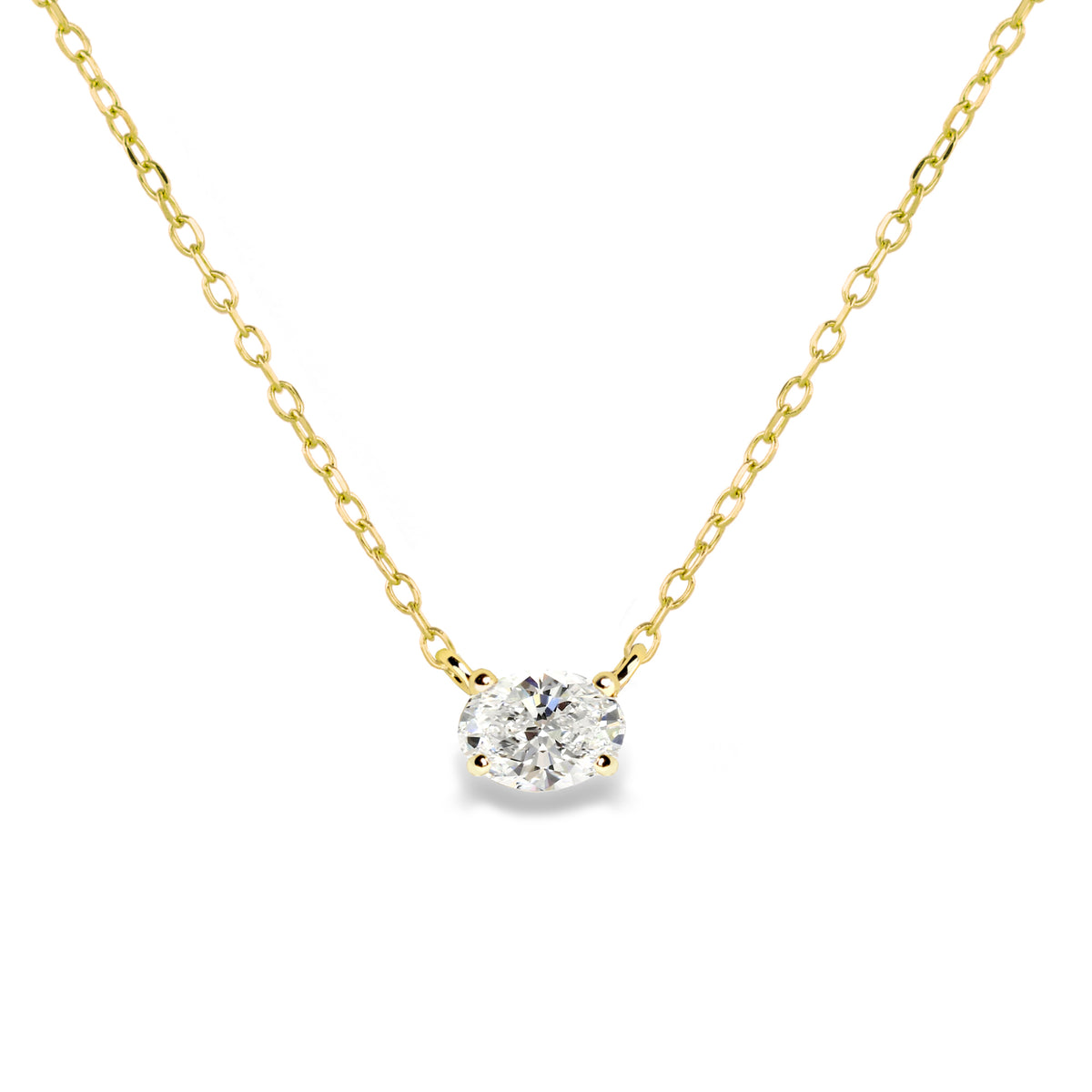 Jamie Park Oval Diamond Solitaire Necklace This Oval Diamond Solitaire Necklace features a sparkling lab diamond, set in a classic four prong design. With each diamond certified by IGI, this necklace makes for a timeless and cherished gift, perfect for any special occasion. Add a touch of elegance to any outfit with this beautiful piece. Chain length 16-18&quot;&amp;nbsp;