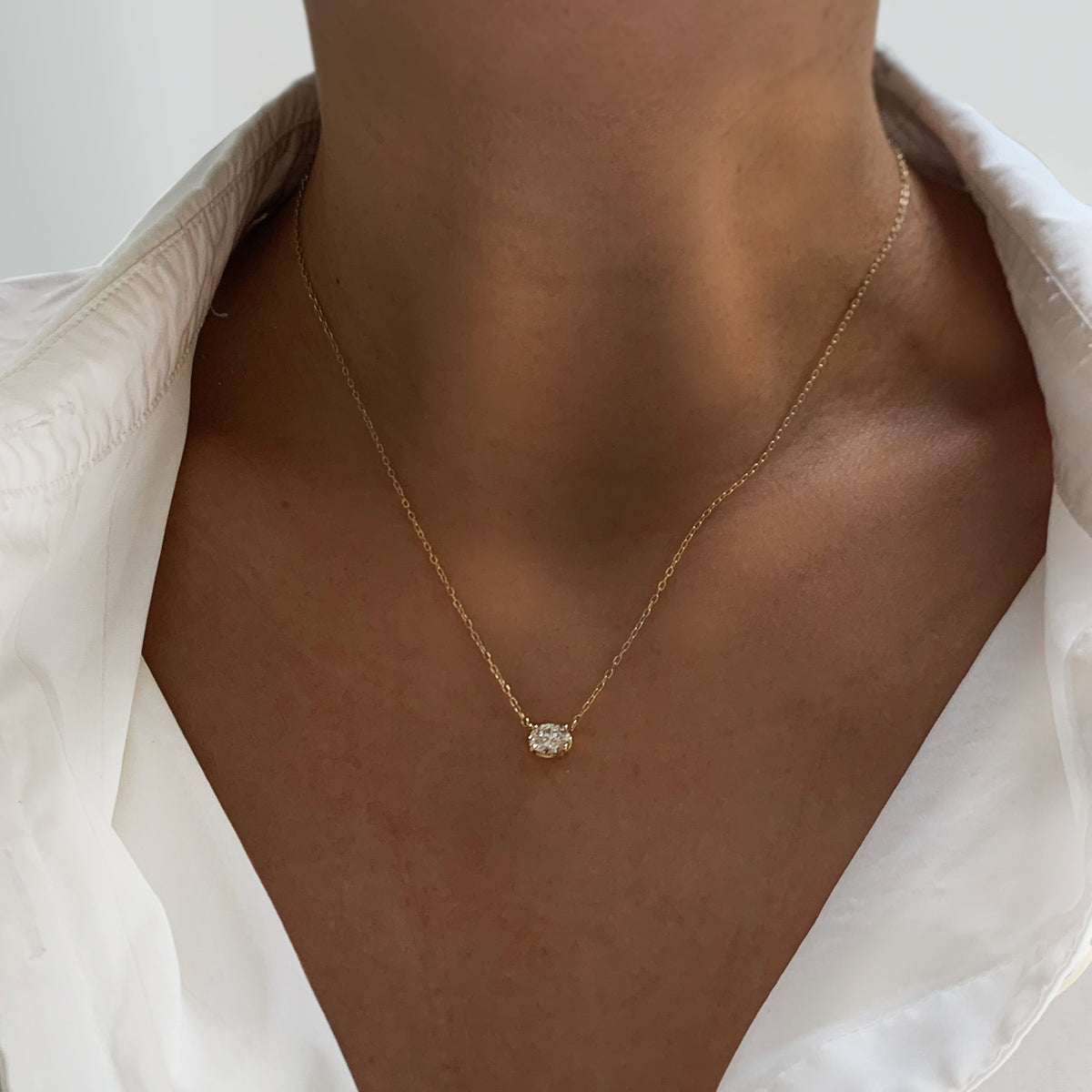 Jamie Park Oval Diamond Solitaire Necklace This Oval Diamond Solitaire Necklace features a sparkling lab diamond, set in a classic four prong design. With each diamond certified by IGI, this necklace makes for a timeless and cherished gift, perfect for any special occasion. Add a touch of elegance to any outfit with this beautiful piece. Chain length 16-18&quot;&amp;nbsp;