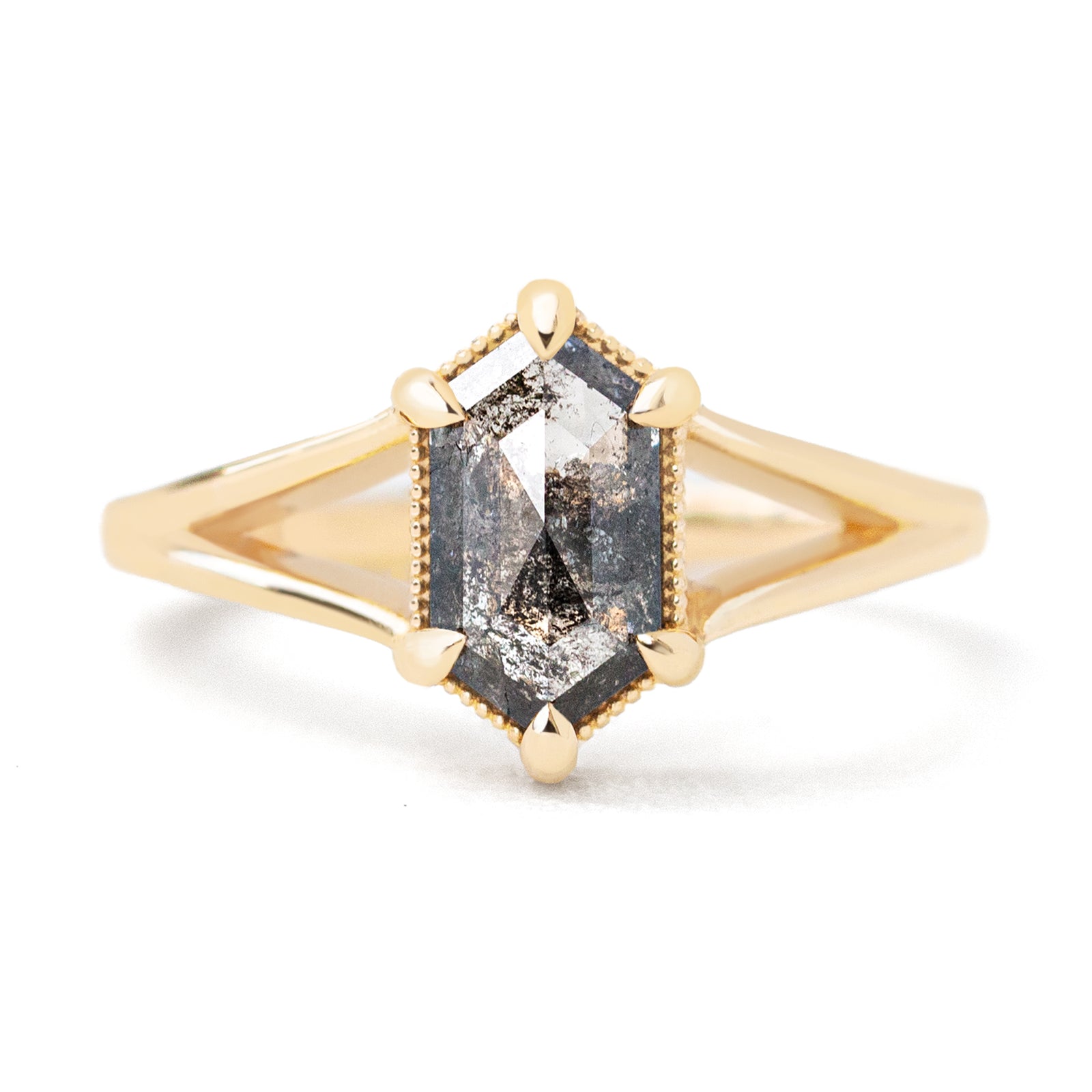 Jamie Park Jewelry - 1.3ct. Elongated Hexagon Cut Salt and Pepper Diamond Split Shank Ring