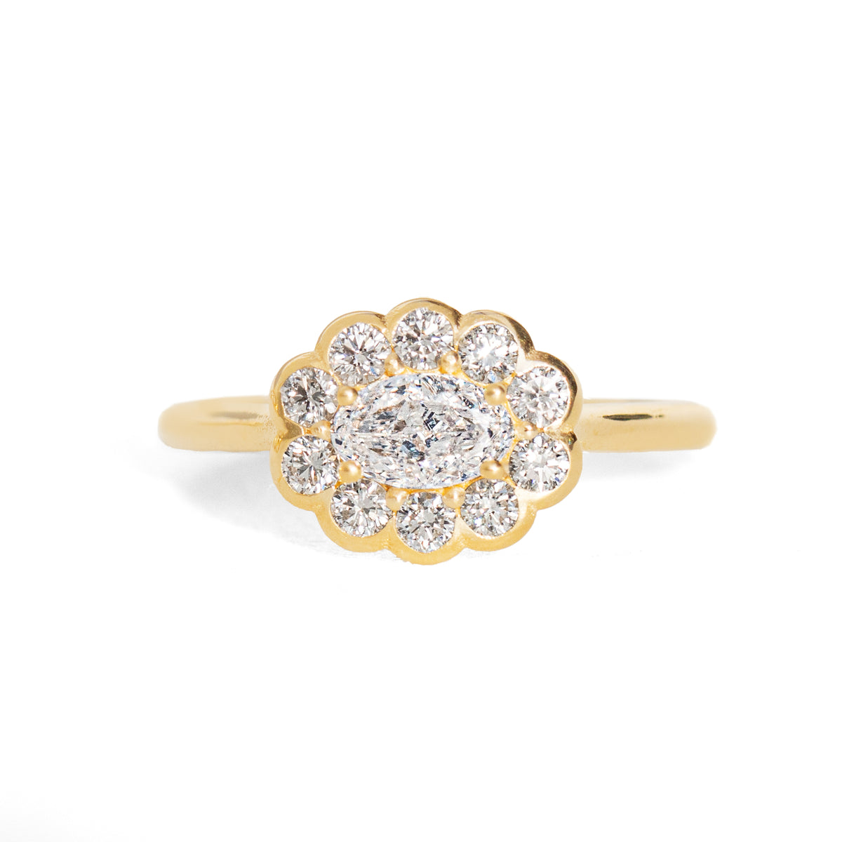 Gold ring with diamond cluster on a white background