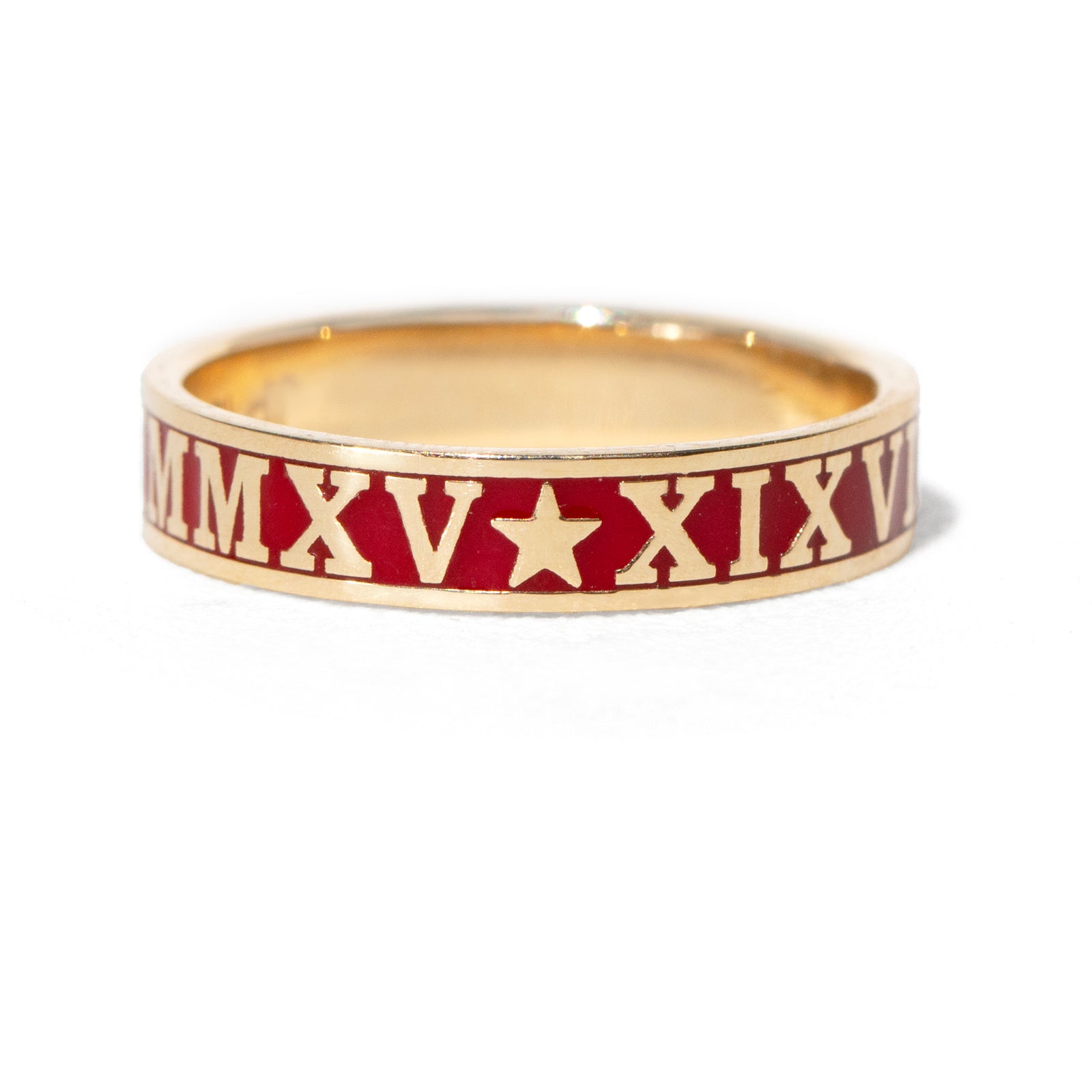 Gold ring with Roman numerals and a star on a white background