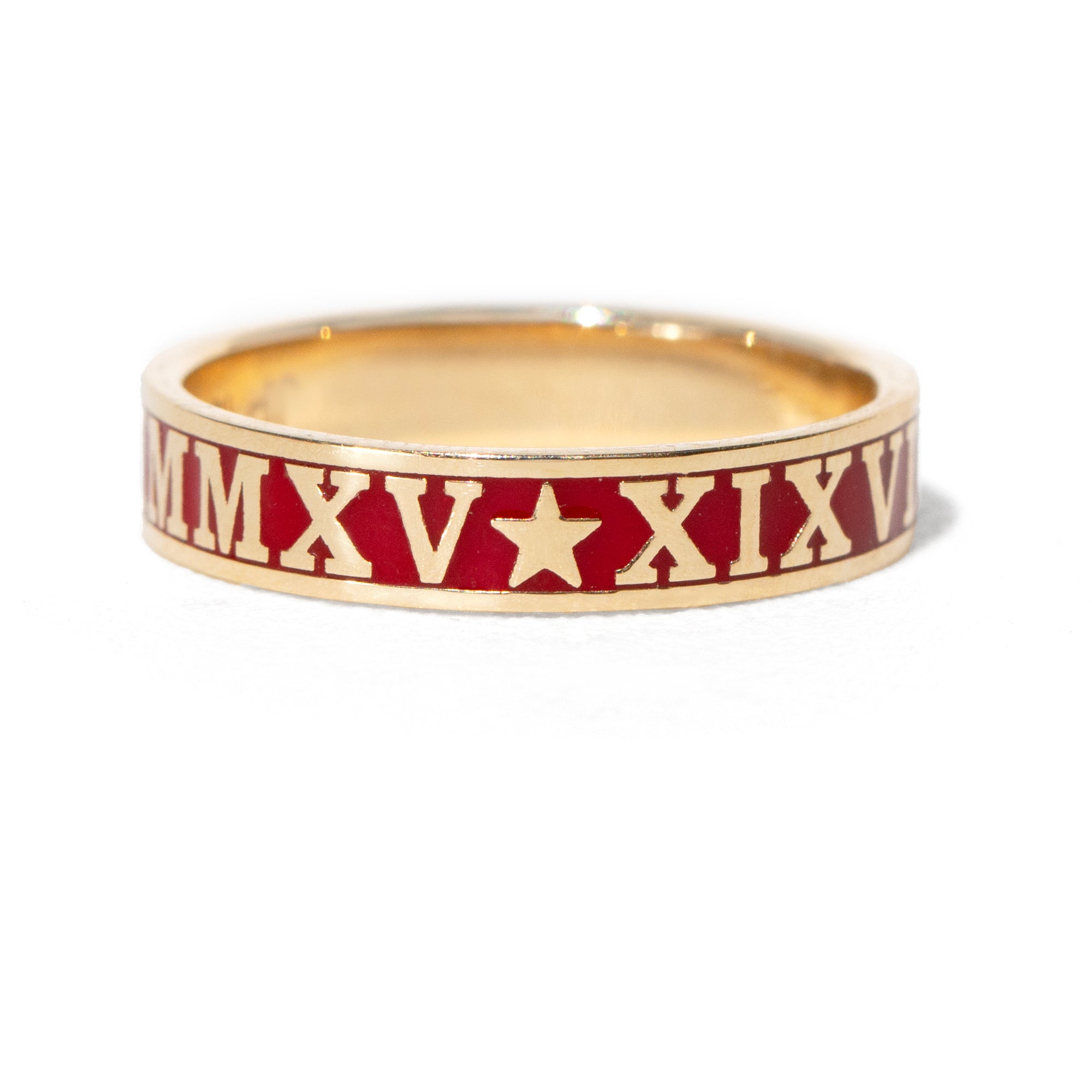 Gold ring with Roman numerals and a star on a white background