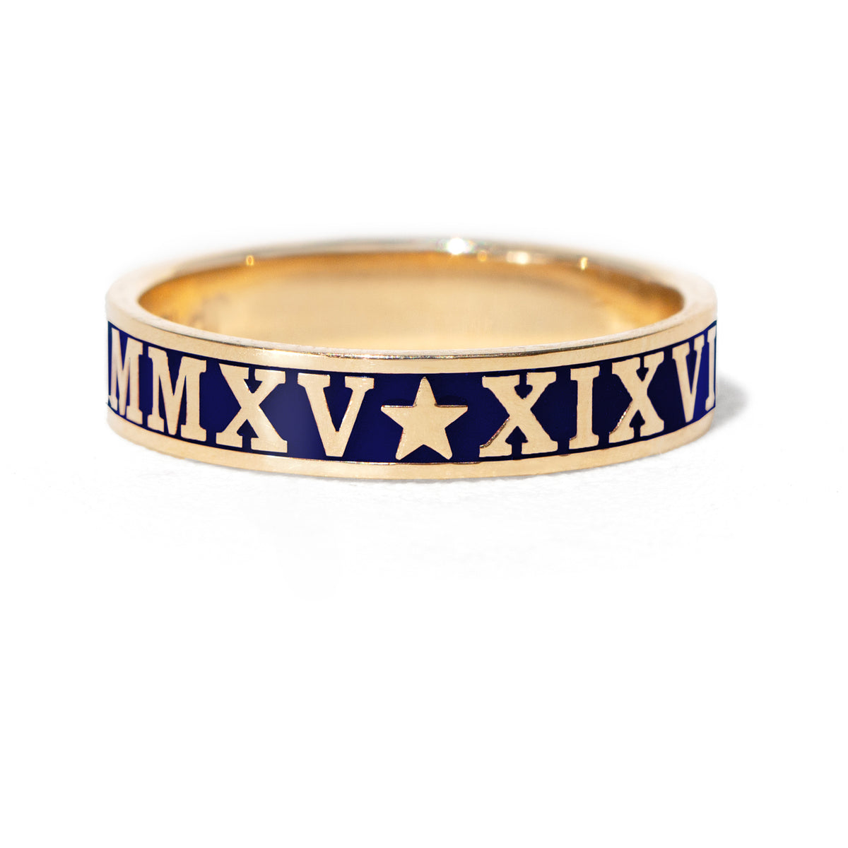Gold ring with Roman numerals on a white background