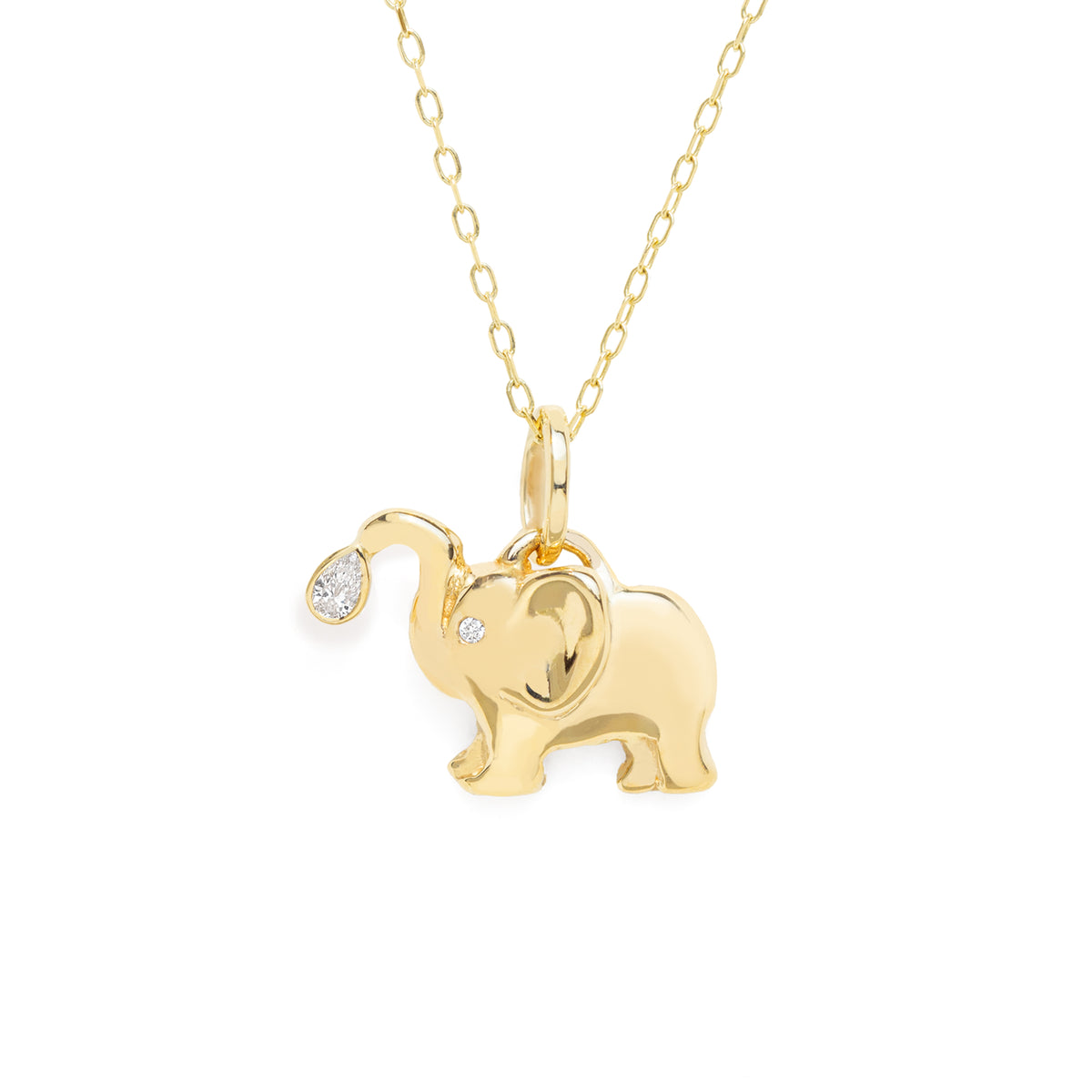 A gold elephant pendant necklace on a delicate gold chain, featuring a small diamond accent on the trunk, set against a plain white background.