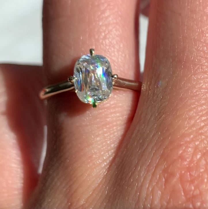 Jamie Park Jewelry| The Harper Ring features criss cut 2CT. moissanite. The criss cut looks larger than the actual carat weight while providing abundant sparkle. With its rounded-corner shape and the Harper's compass setting, this ring creates the mood of an antique-meets-modern look. It's an ideal choice for engagements, milestone celebrations, birthdays, and anniversaries.