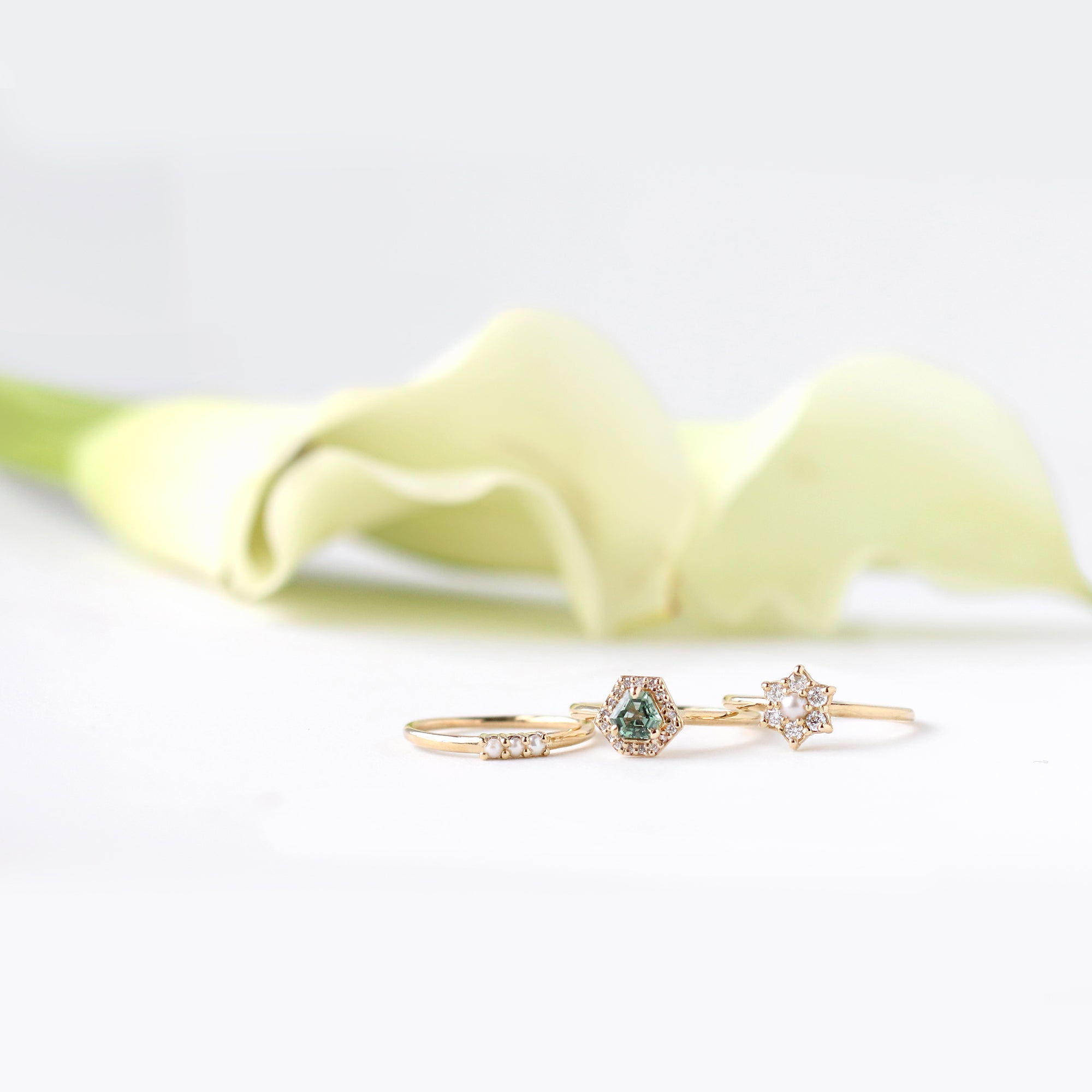 Jamie Park Jewelry - Diamond Halo Triangle Teal Sapphire Ring