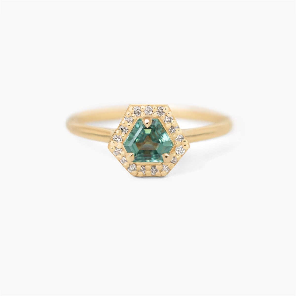Jamie Park Jewelry - Diamond Halo Triangle Teal Sapphire Ring