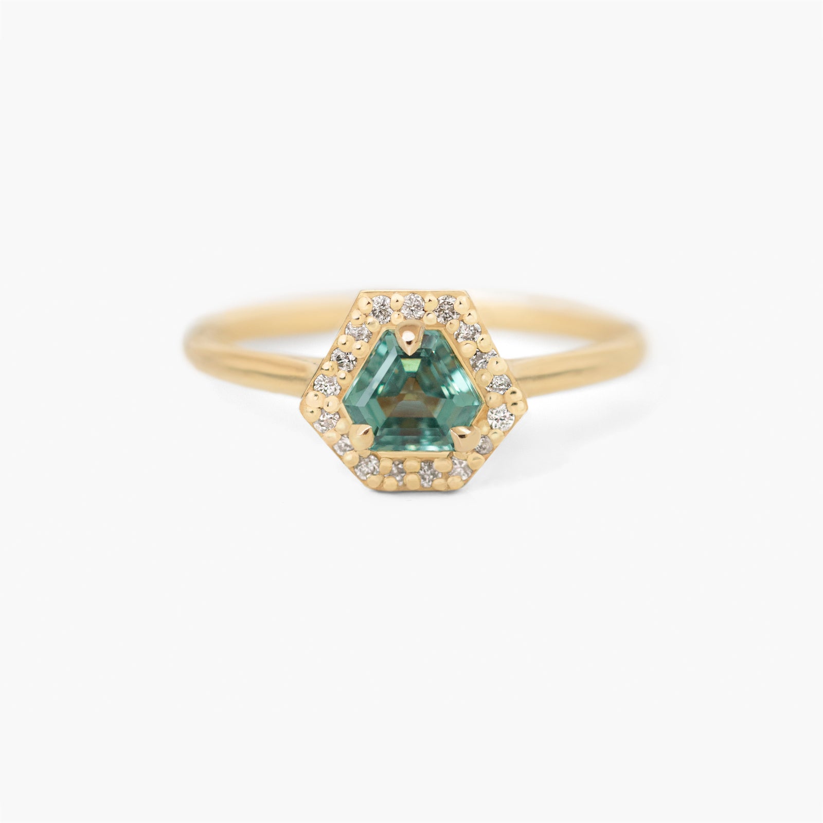 Jamie Park Jewelry - Diamond Halo Triangle Teal Sapphire Ring