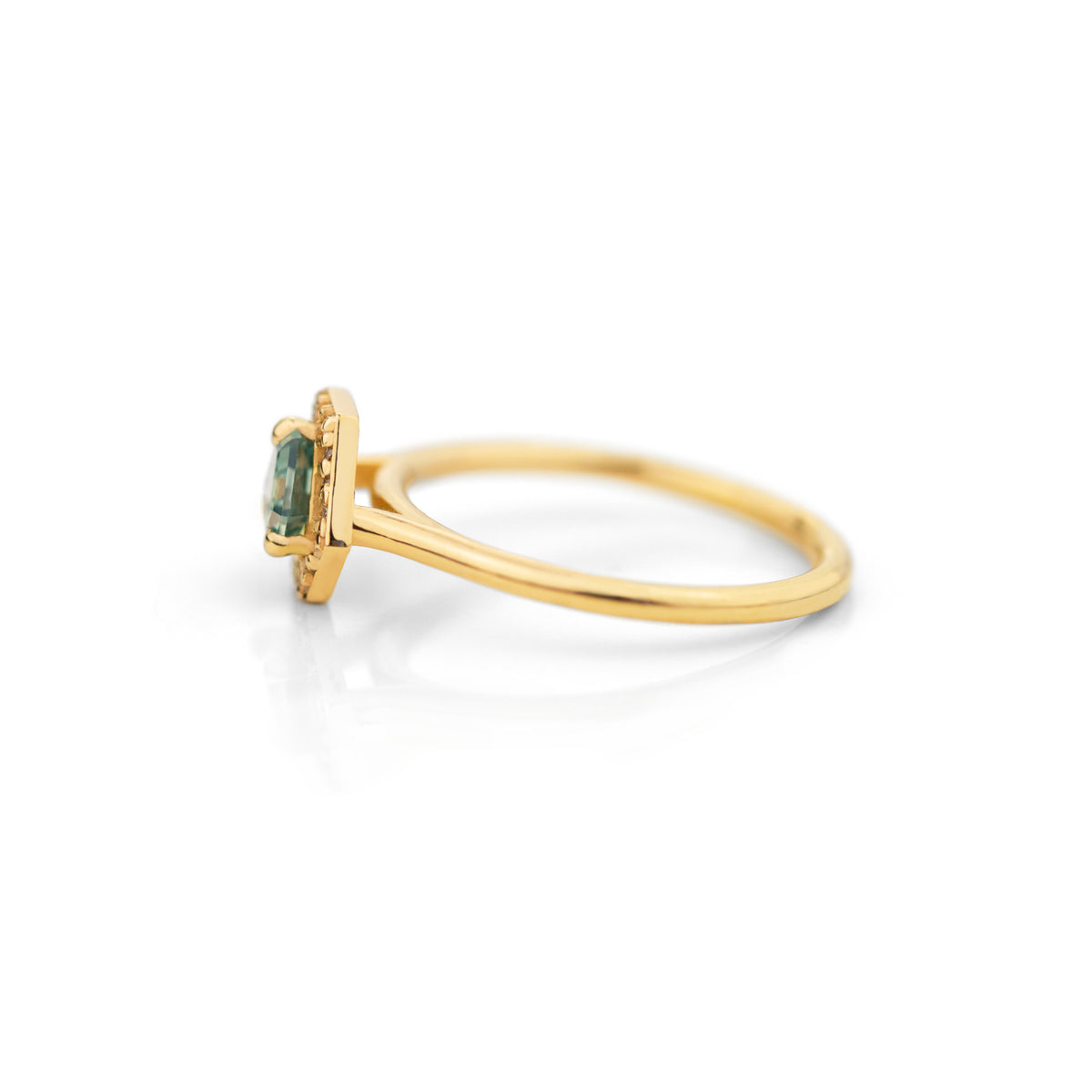 Jamie Park Jewelry - Diamond Halo Triangle Teal Sapphire Ring