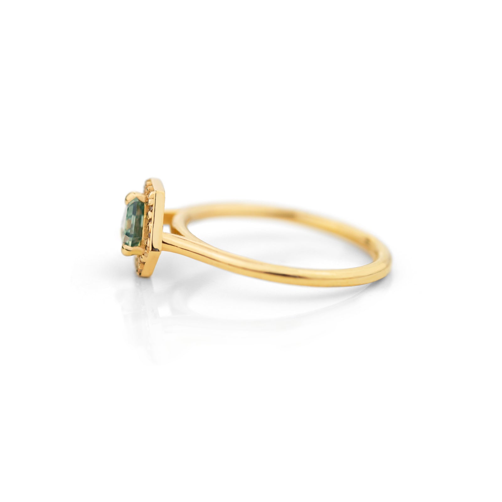 Jamie Park Jewelry - Diamond Halo Triangle Teal Sapphire Ring