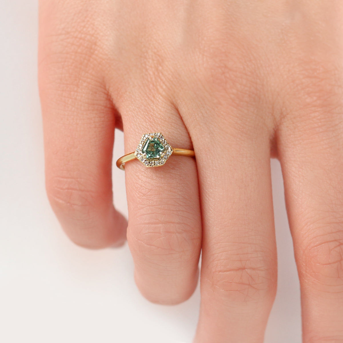 Jamie Park Jewelry - Diamond Halo Triangle Teal Sapphire Ring