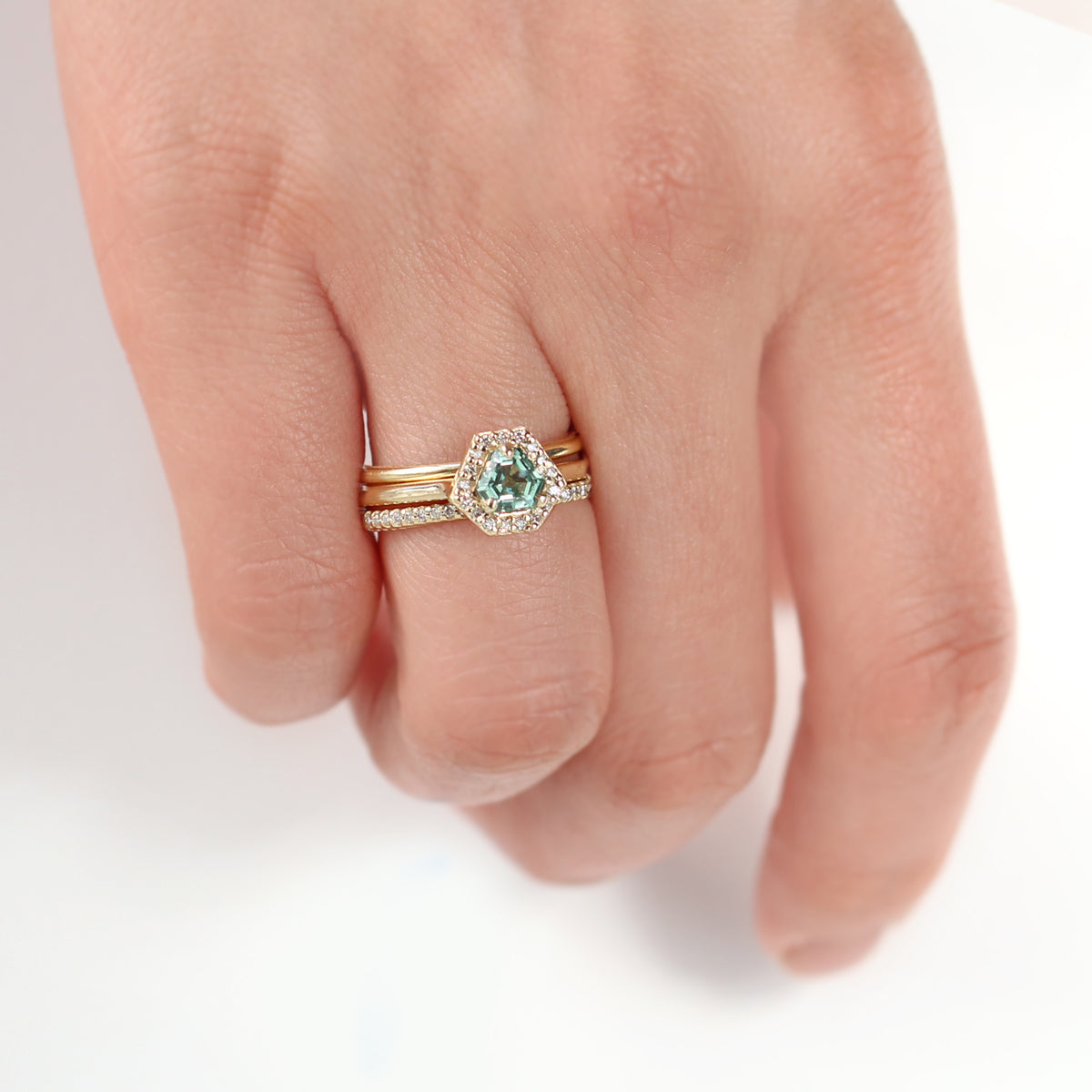 Jamie Park Jewelry - Diamond Halo Triangle Teal Sapphire Ring