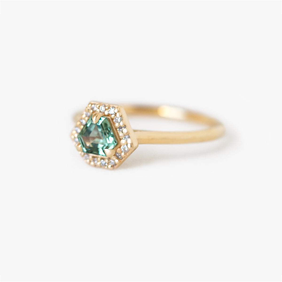 Jamie Park Jewelry - Diamond Halo Triangle Teal Sapphire Ring