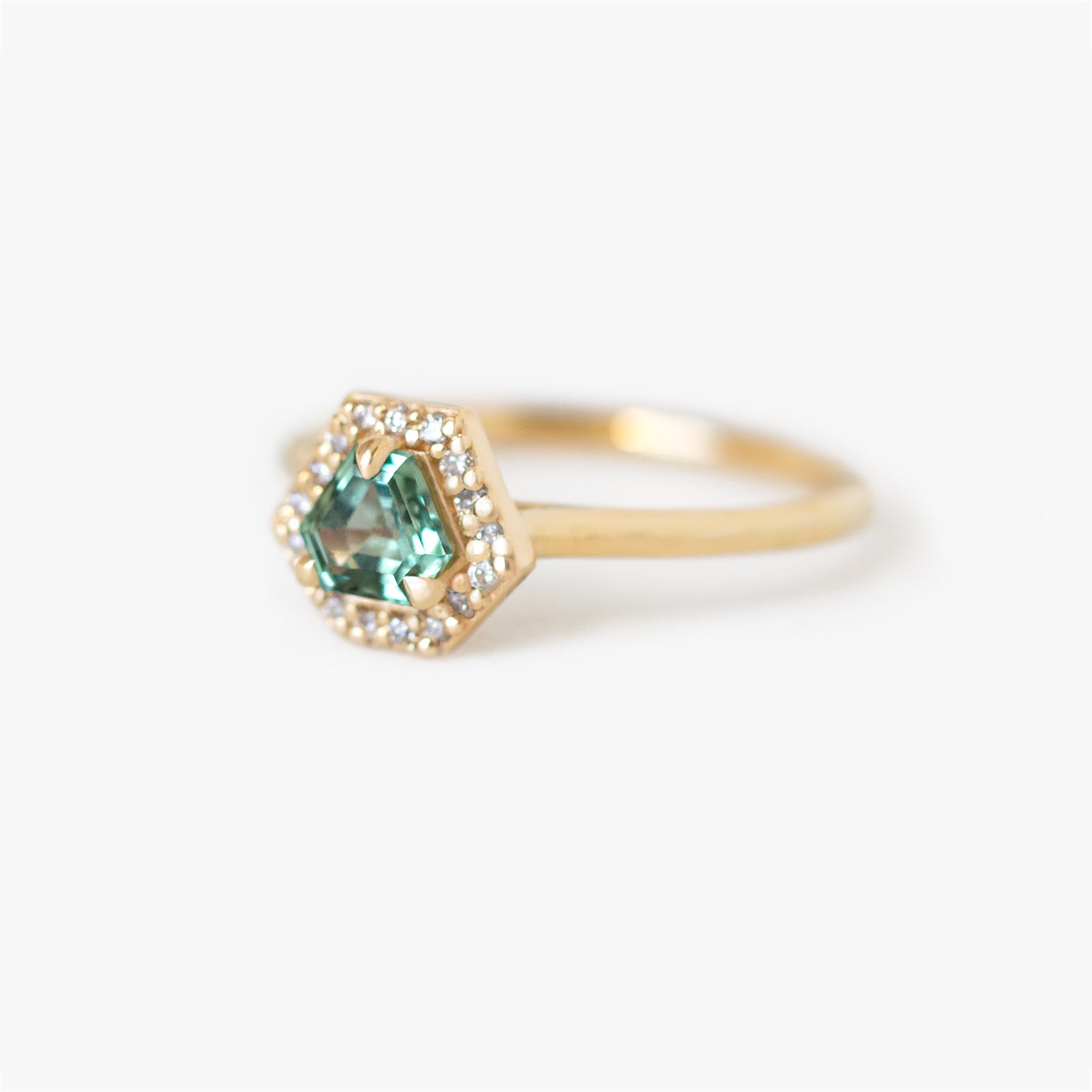 Jamie Park Jewelry - Diamond Halo Triangle Teal Sapphire Ring