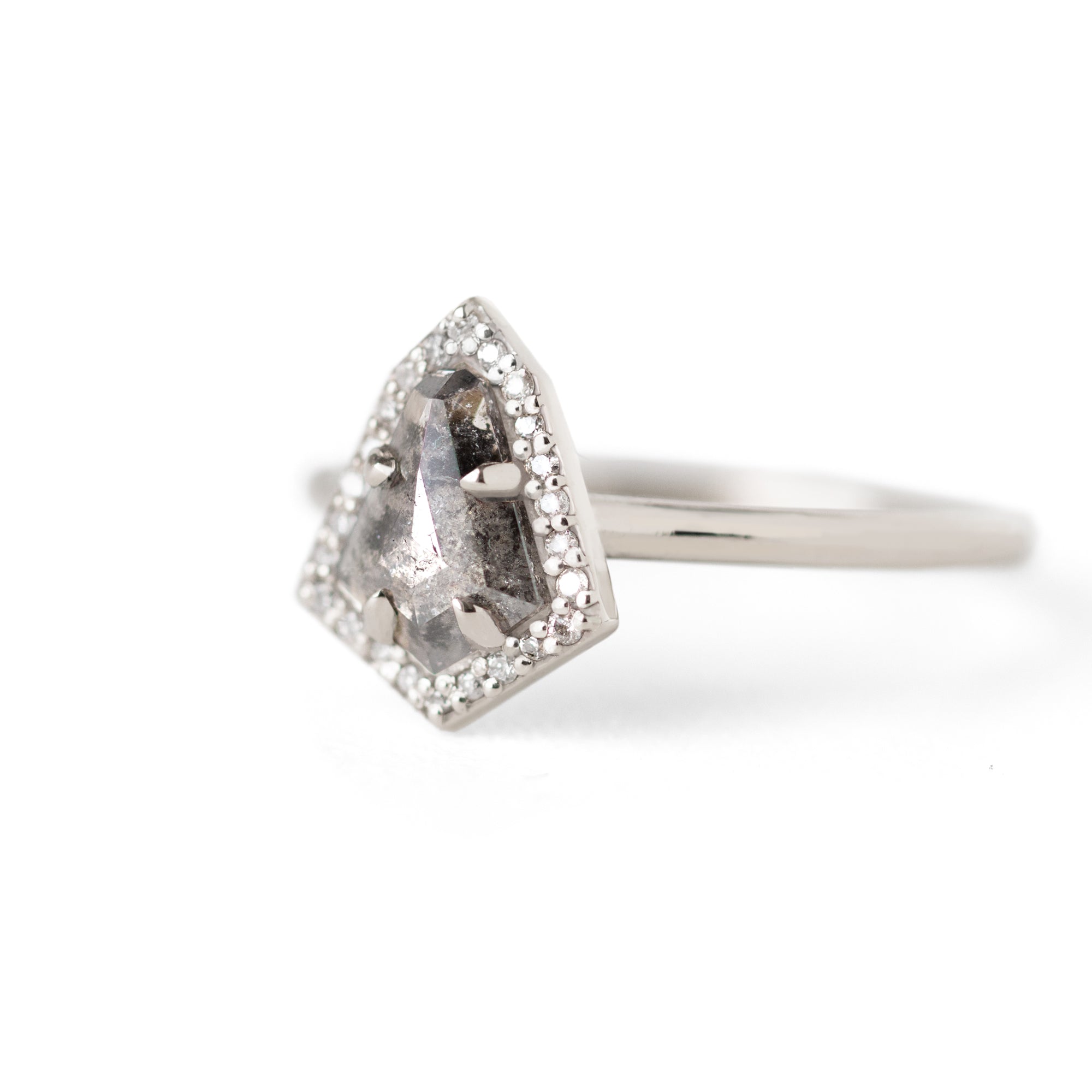 Jamie Park Jewelry - 0.84 tcw. Shield Cut Salt and Pepper Diamond Halo Ring