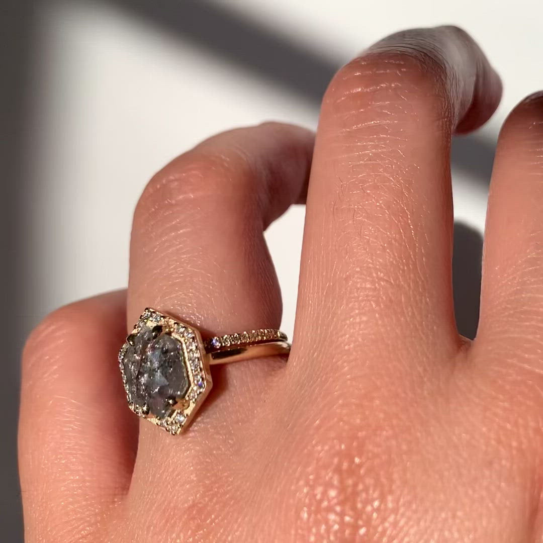 1.85ct. Hexagon Salt and Pepper Diamond Halo Ring