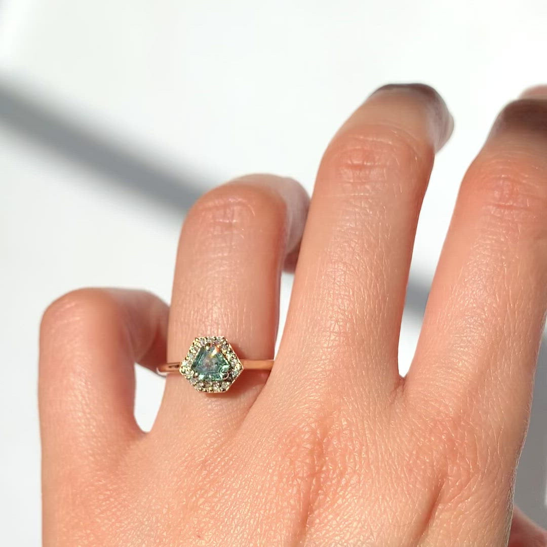 Jamie Park Jewelry - Diamond Halo Triangle Teal Sapphire Ring