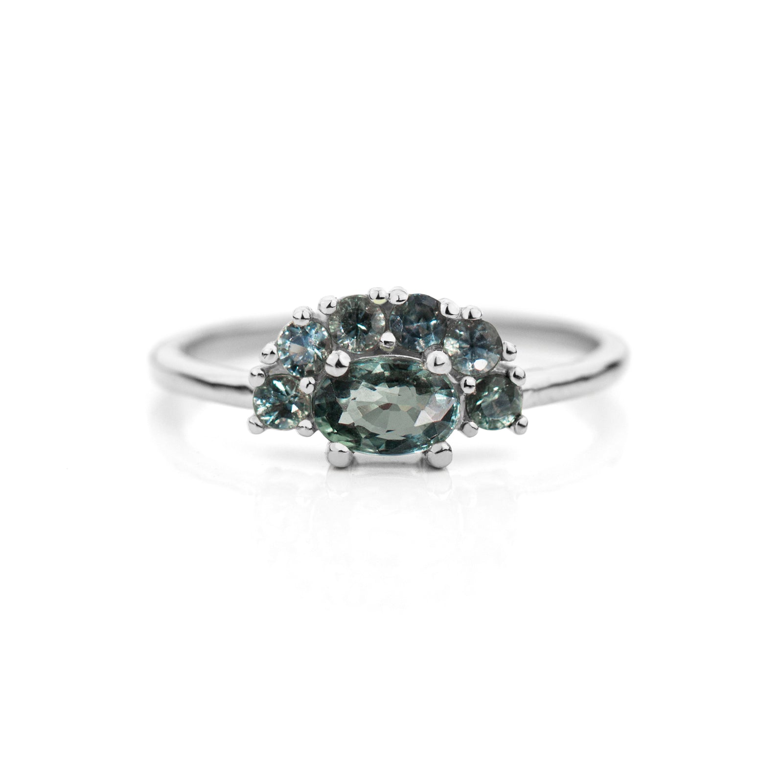 Half Halo Teal Sapphire Ring | Jamie Park Jewelry