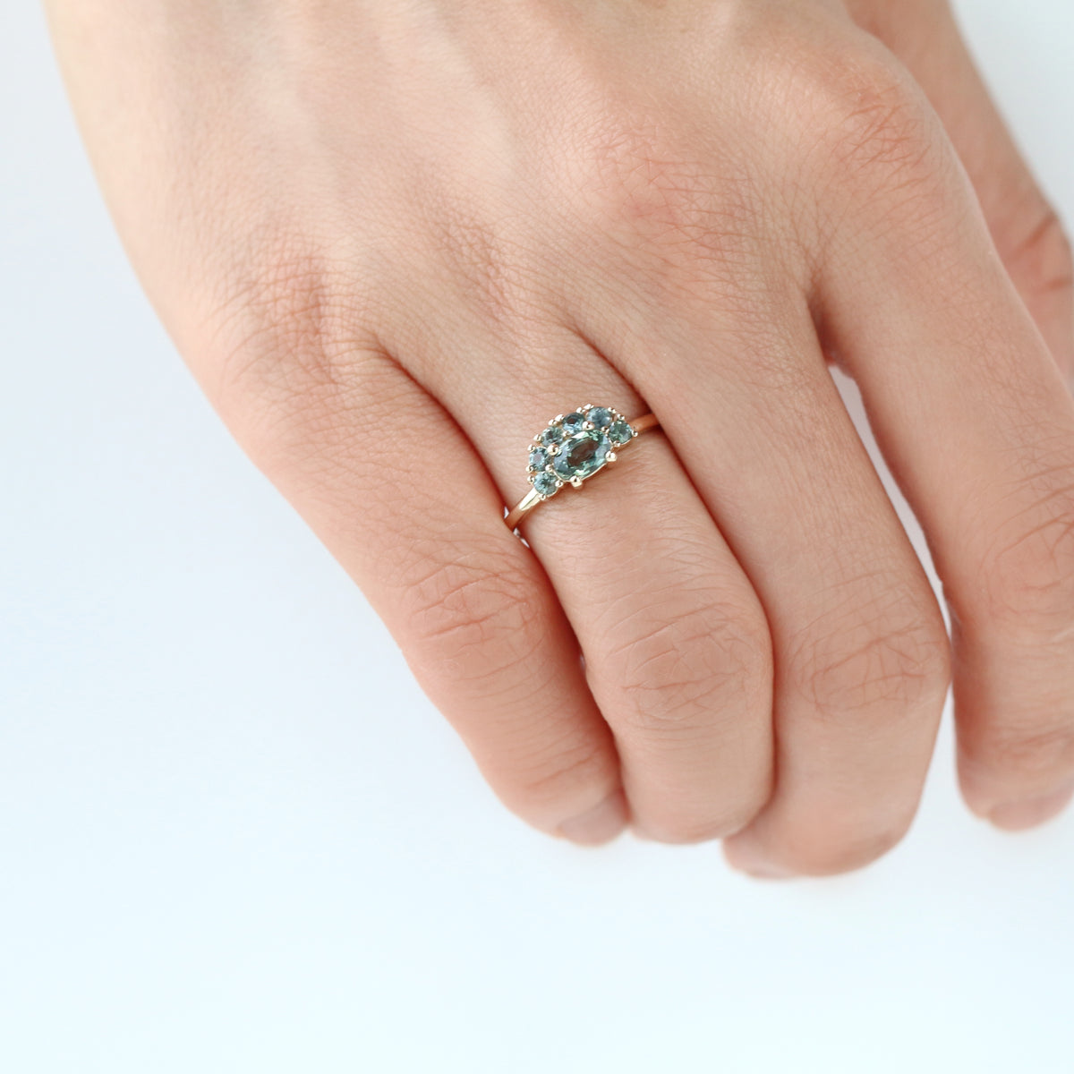 Half Halo Teal Sapphire Ring | Jamie Park Jewelry