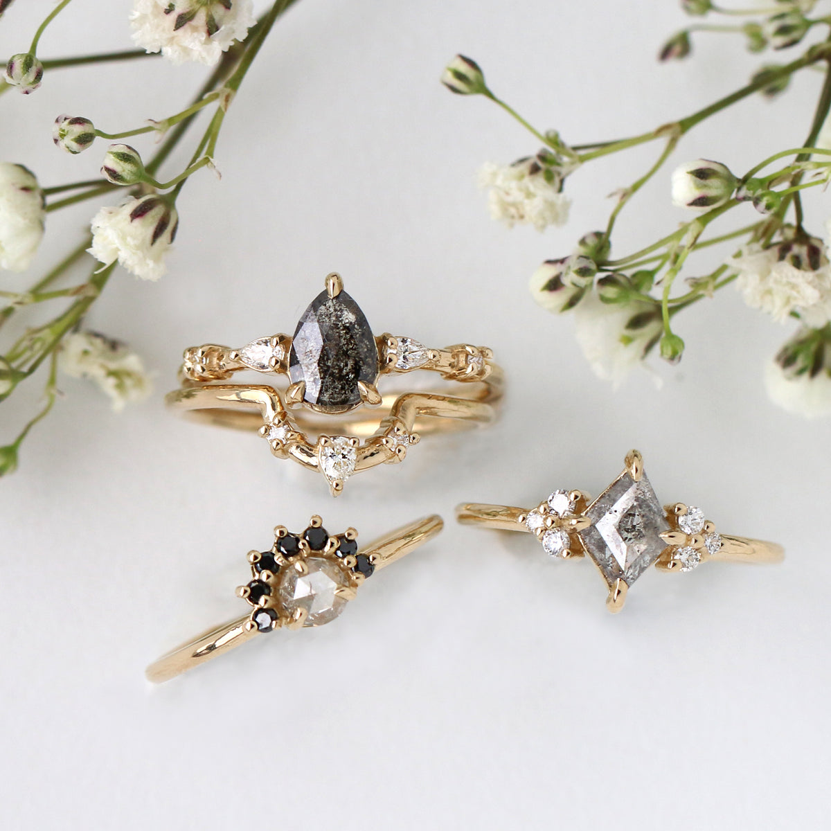 Pear Cut Salt and Pepper Diamond Ring Set | Jamie Park Jewelry