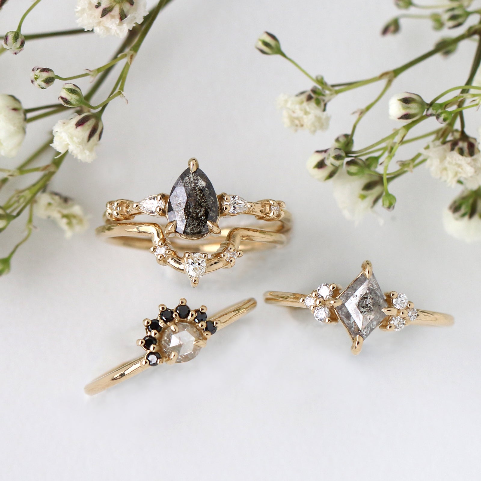 Pear Cut Salt and Pepper Diamond Ring Set | Jamie Park Jewelry