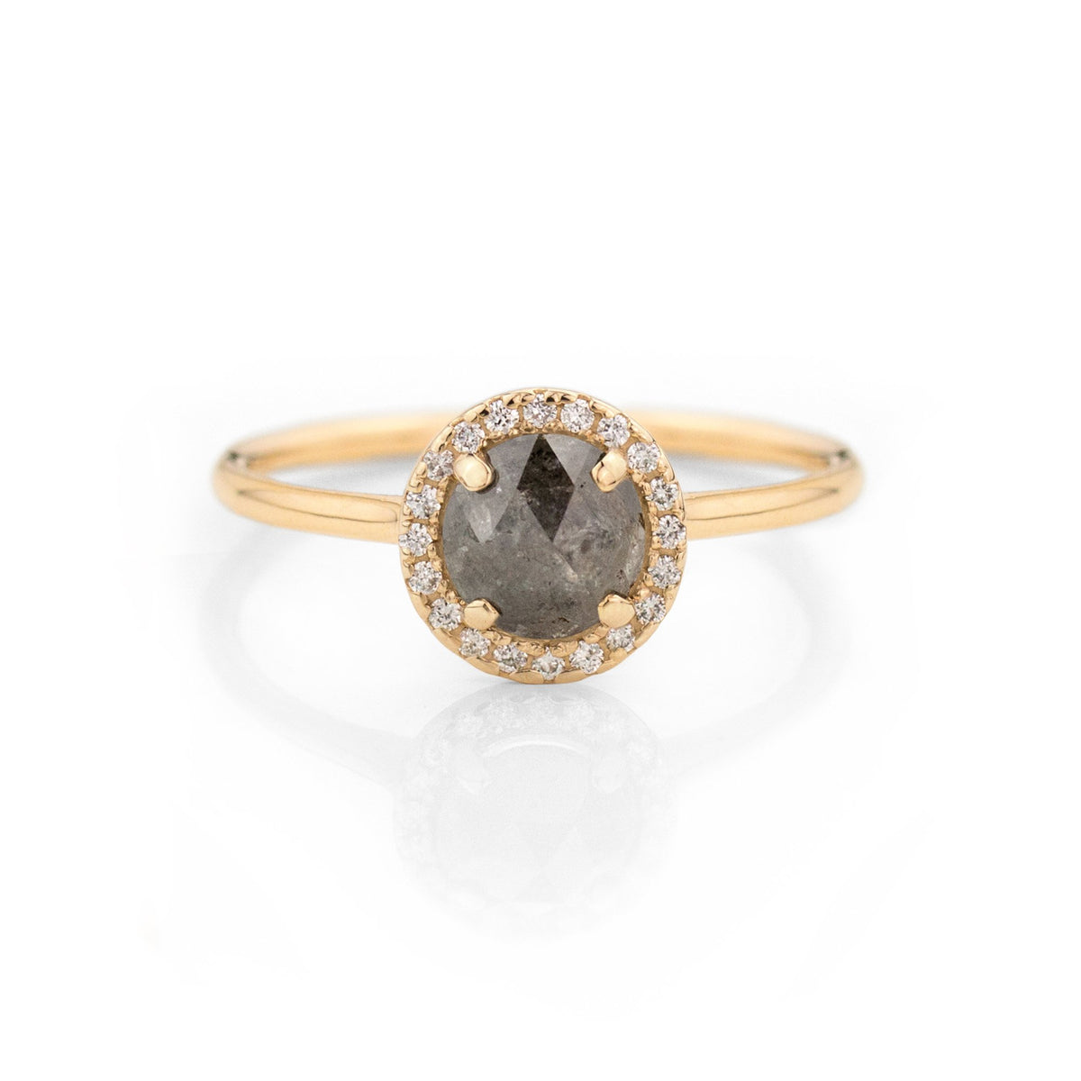 Round Halo Salt and Pepper Diamond Ring by Jamie Park Jewelry