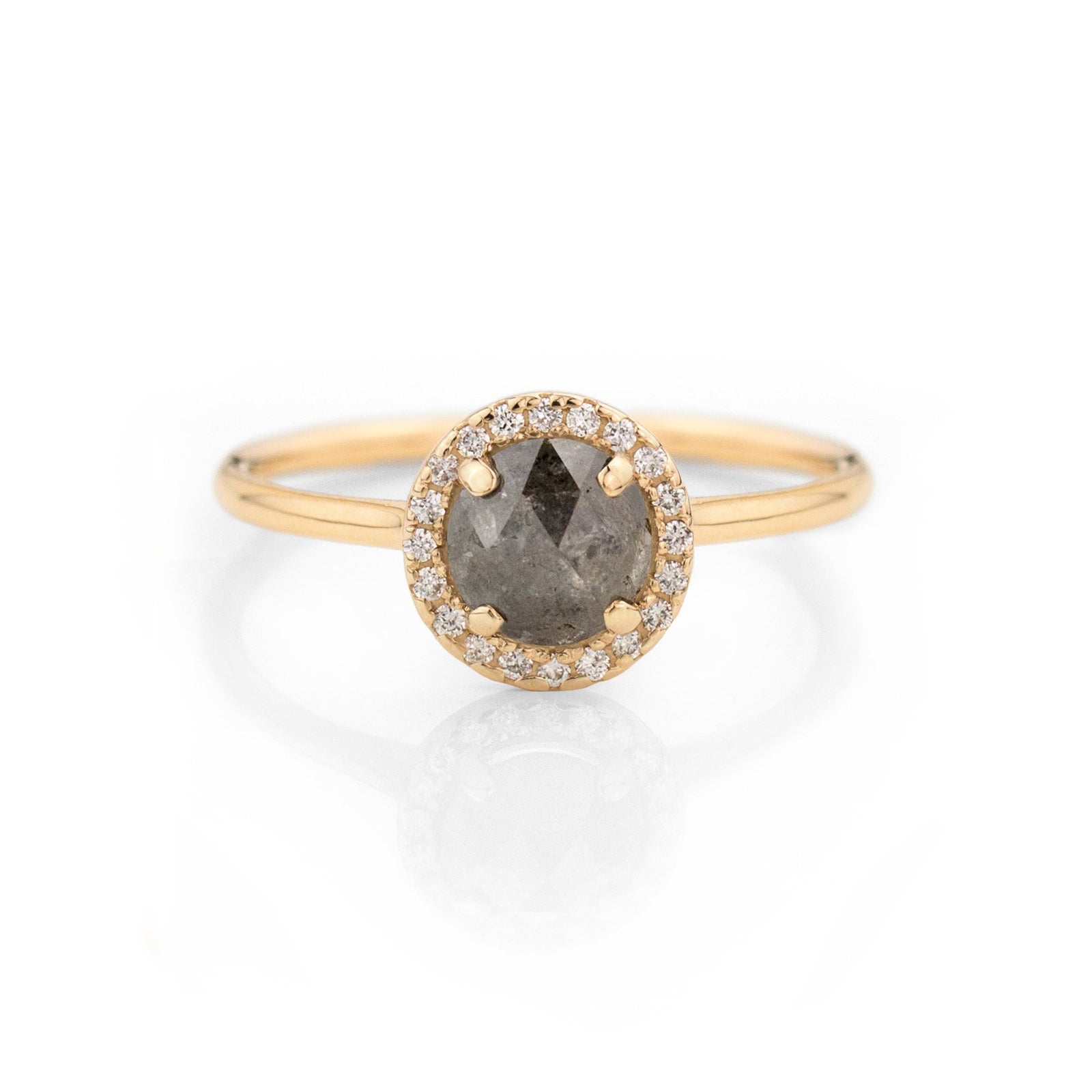 Round Halo Salt and Pepper Diamond Ring by Jamie Park Jewelry